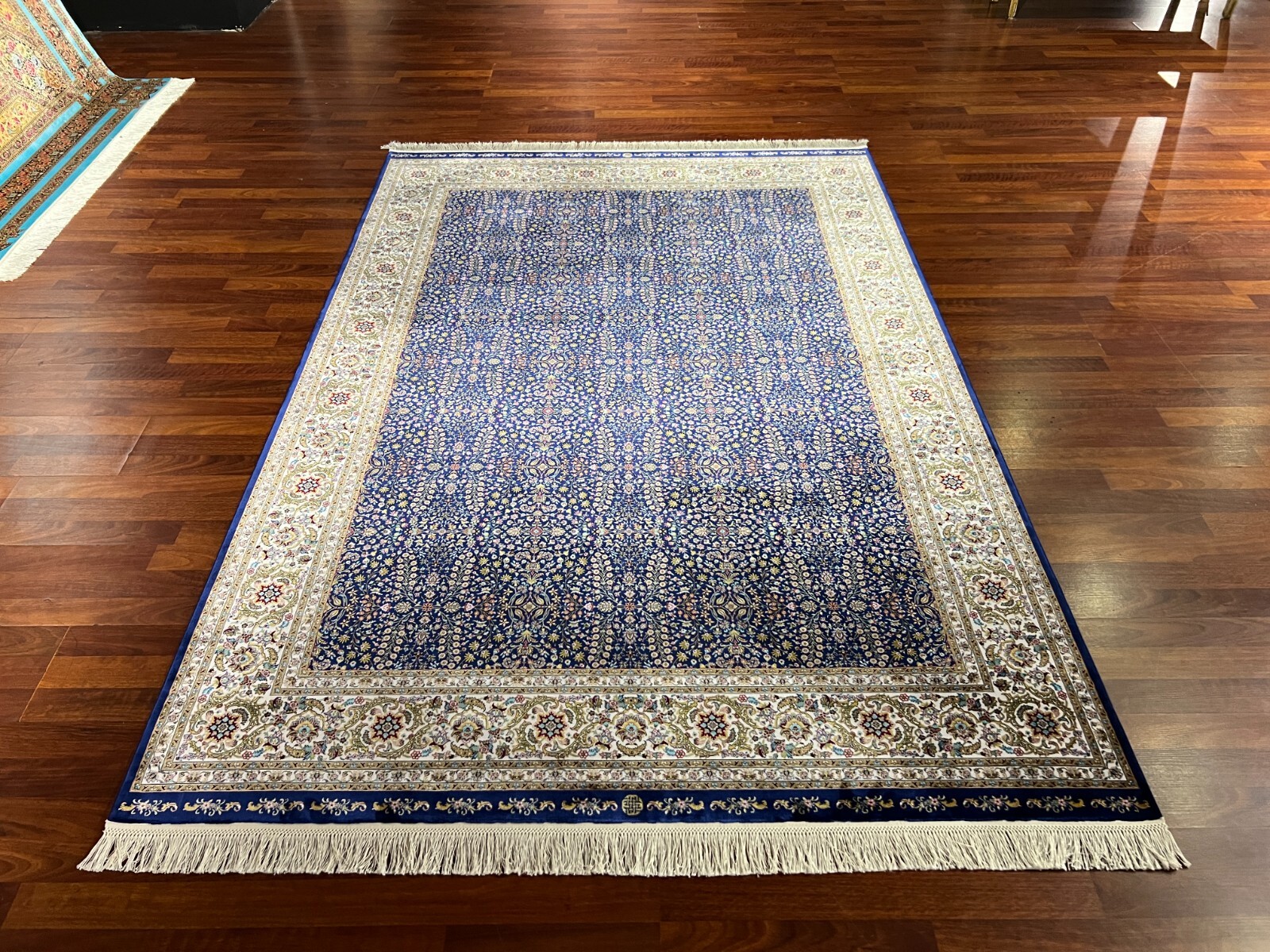 5×8 ft Blue Gold Traditional Silk Rug – Luxury Anatolia Silk Rug Living Room Rug
