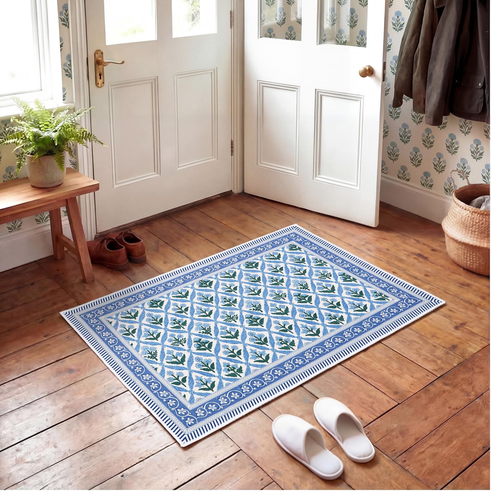 Blue Block Print Area Rug for Entryway 2” x 3” Vintage Floral Farmhouse Car…