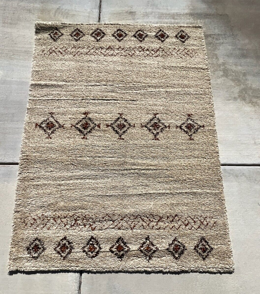 1960’s KARL EYBL Cream Brown Diamonds Wool UNUSED Modern Rya Rug Mid Century