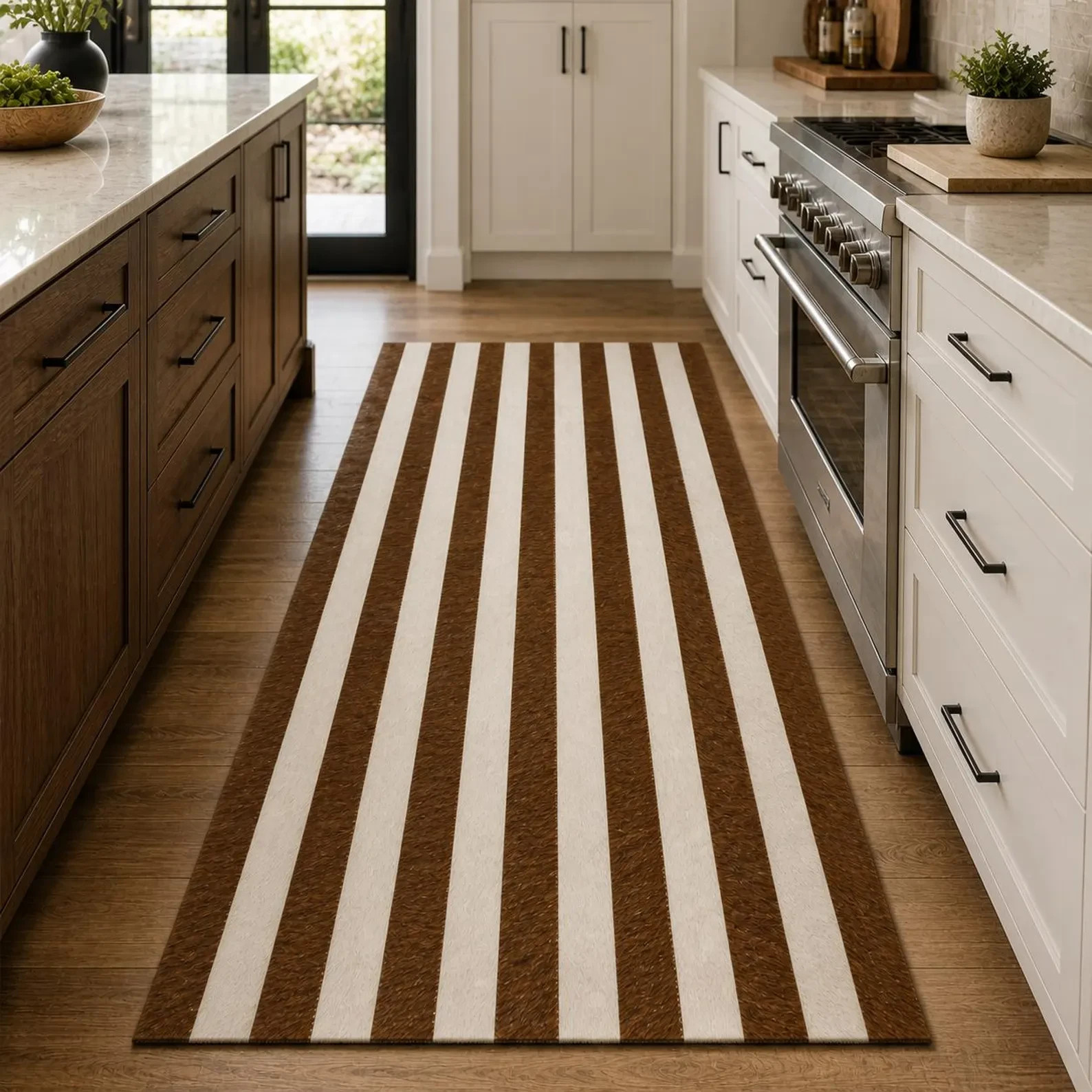 Handmade Brown & White Striped Cowhide Runner Rug – Modern Leather Hallway Runne