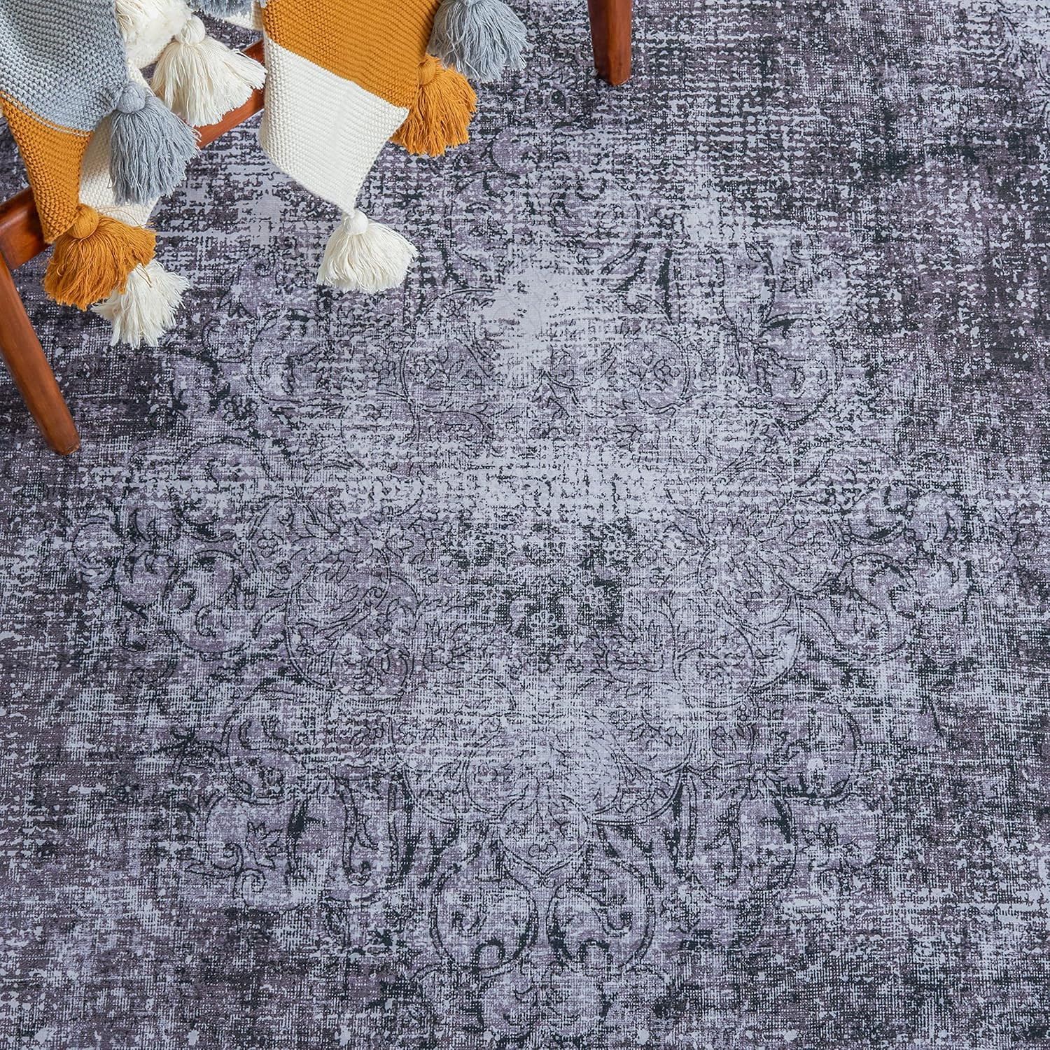 Tucson Washable 6′ Square Rug – Black & Grey, Slip Resistant, Easy Clean