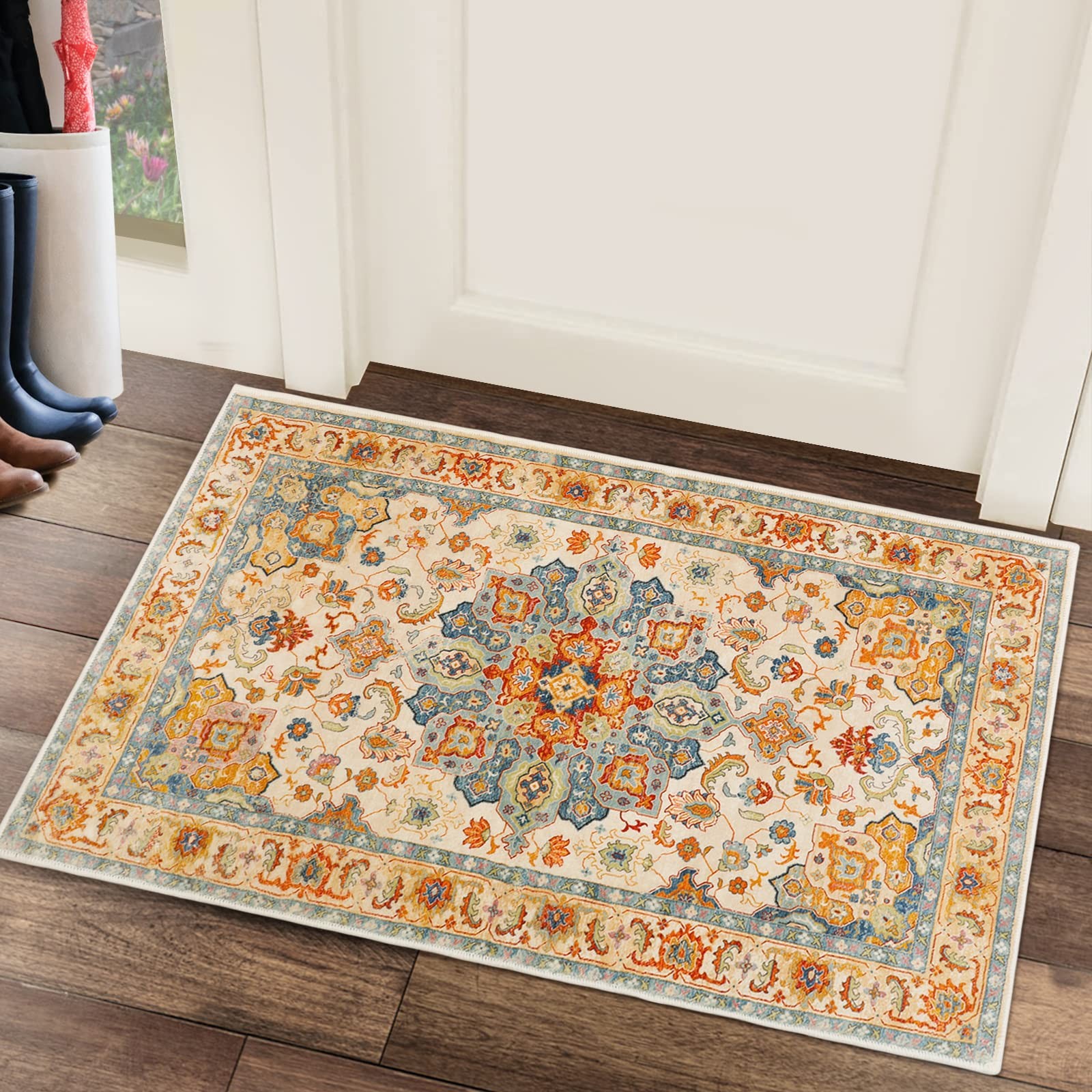 COMSLE Boho Area Rug, 2 x 3 Ft Washable Small Rugs for Entryway Faux Wool Distre