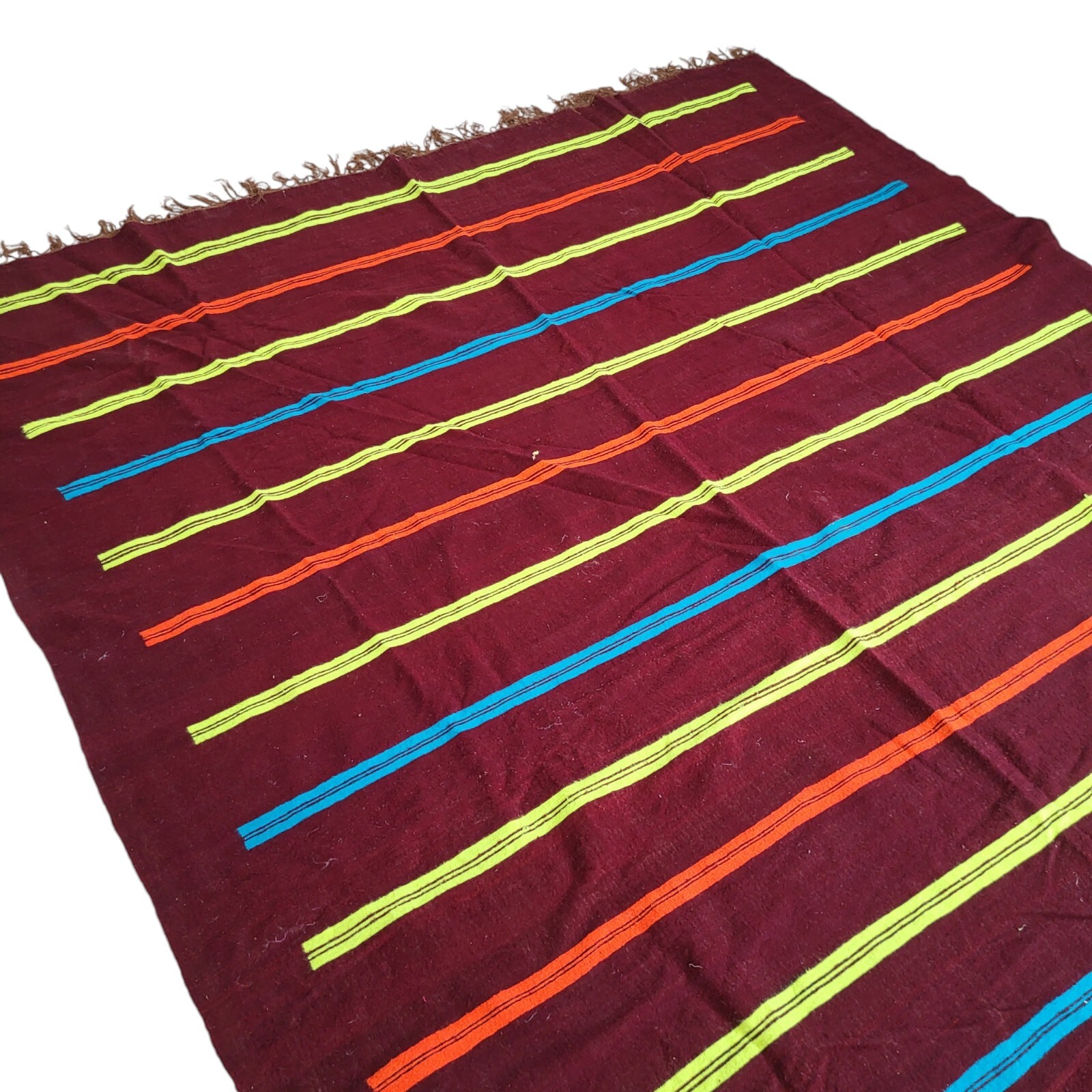 Vibrant Handmade Moroccan Rug Orange Blue Bands Yellow Berber Fringe Wool Carpet