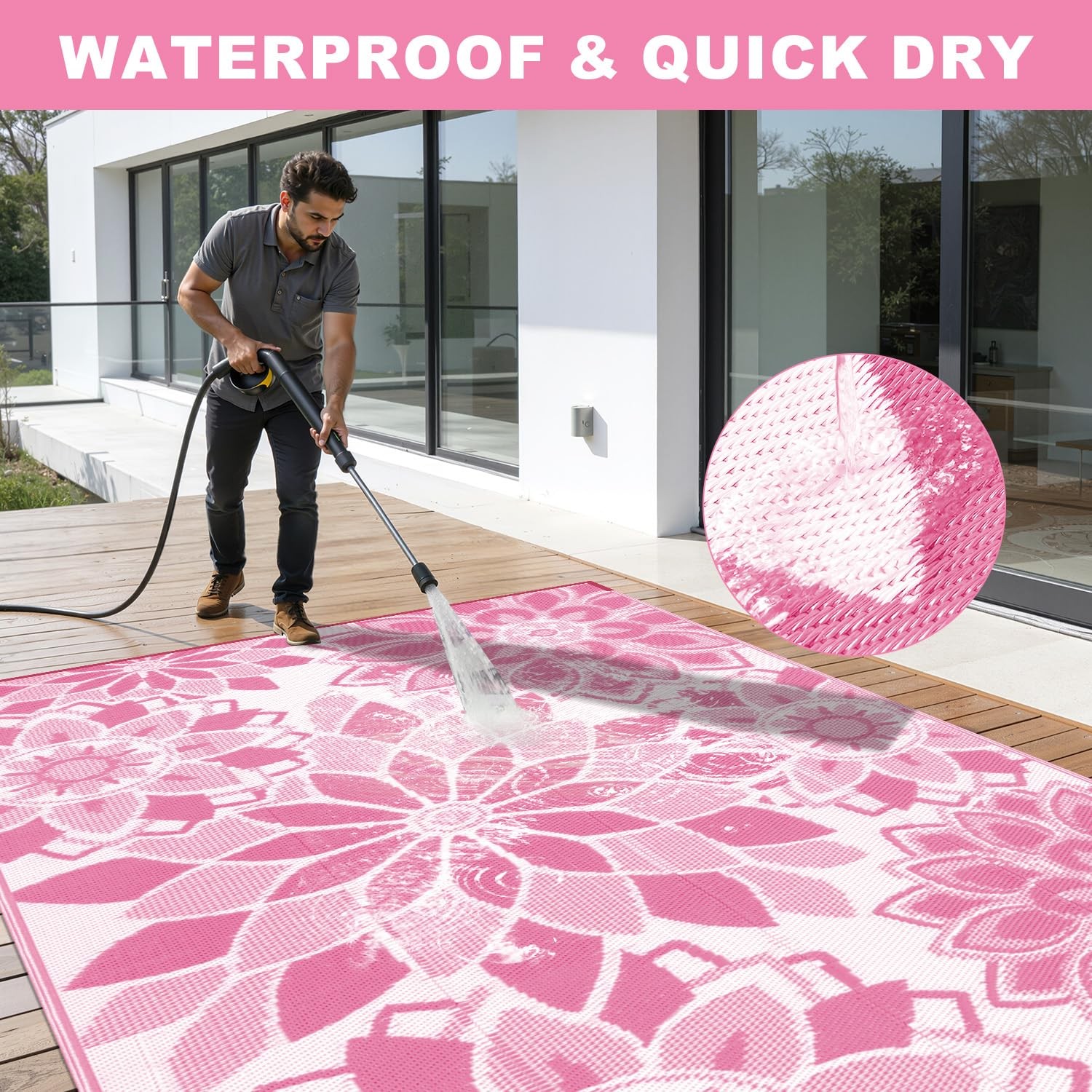 Outdoor Reversible Plastic Straw Patio Rug 5×8 ft Pink White Waterproof