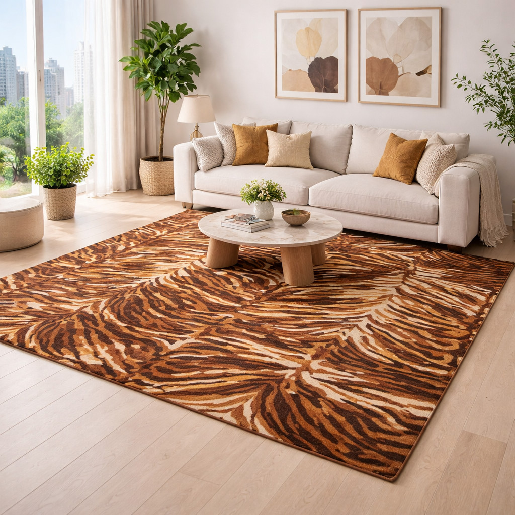 Tiger Print Handmade Area Rug Brown Animal Pattern Carpet Modern Living Room