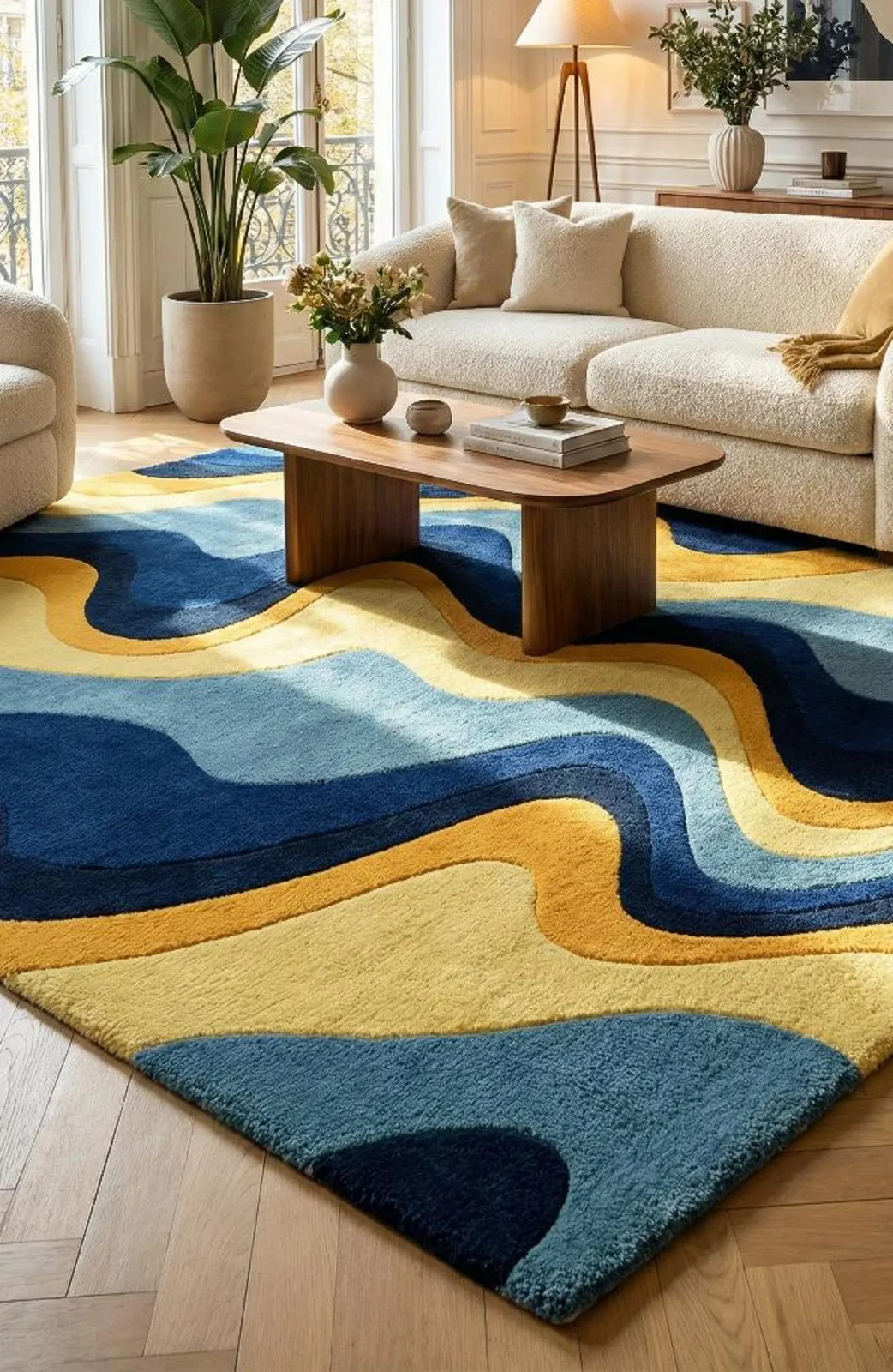 Abstract Hand Tufted Wool Rug | Blue & Mustard Modern Area Rug | Luxury Room Rug