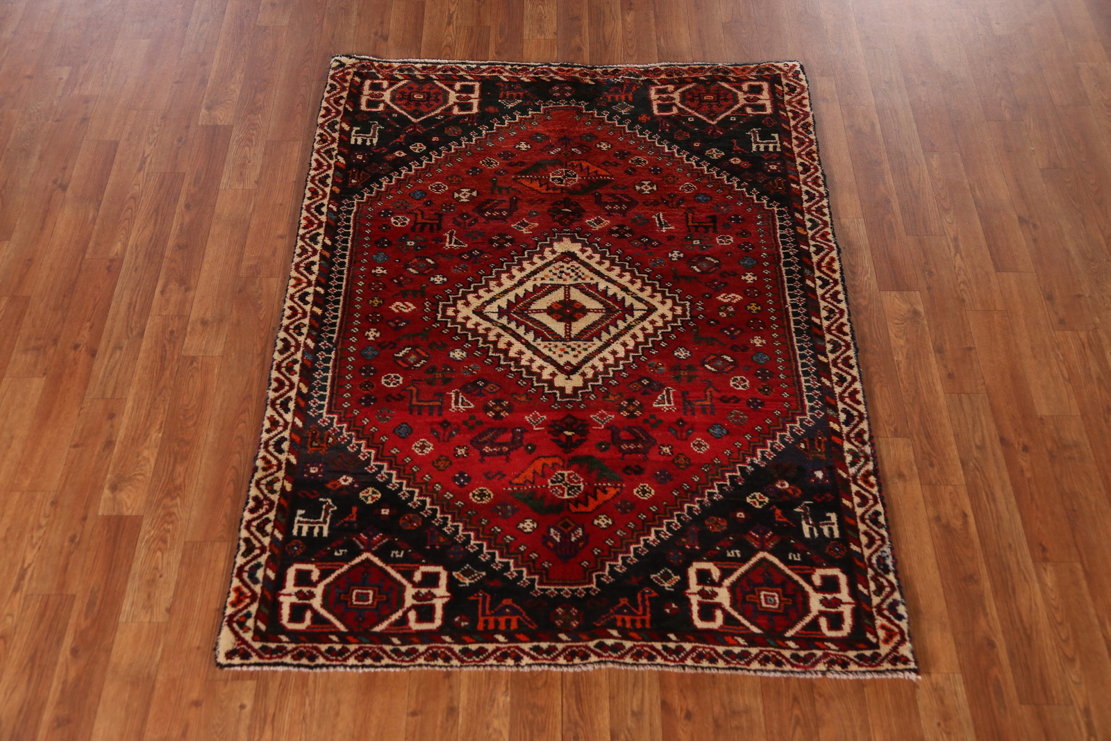 Vintage Geometric Tribal Traditional Hand-knotted Rug 4×5 Red Wool Carpet