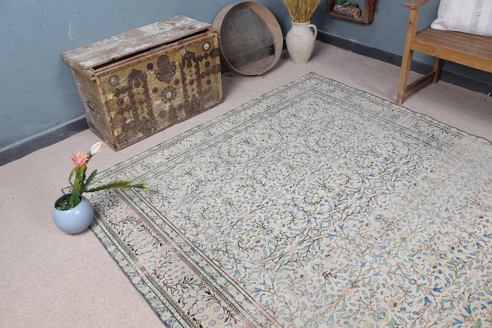 Turkish Rug, 6,3×9,3 ft Large Vintage Rug, Blue White Polka dot Rug