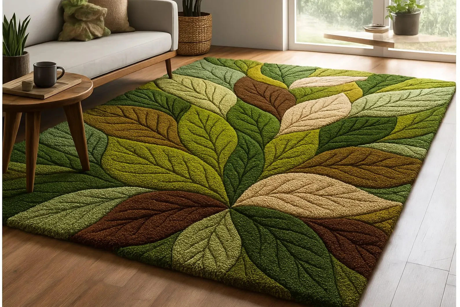 Hand Tufted Leaf Design Rug, Modern Botanical Area Carpet in Green and Brown