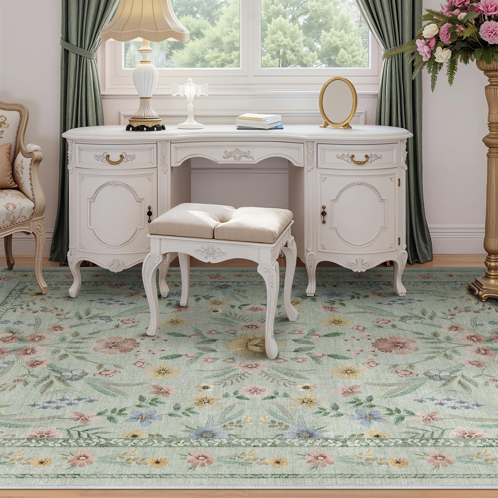 Dadasgk 5×7 Green Floral Botanical Rug Nursery Playroom Kids Room Washable