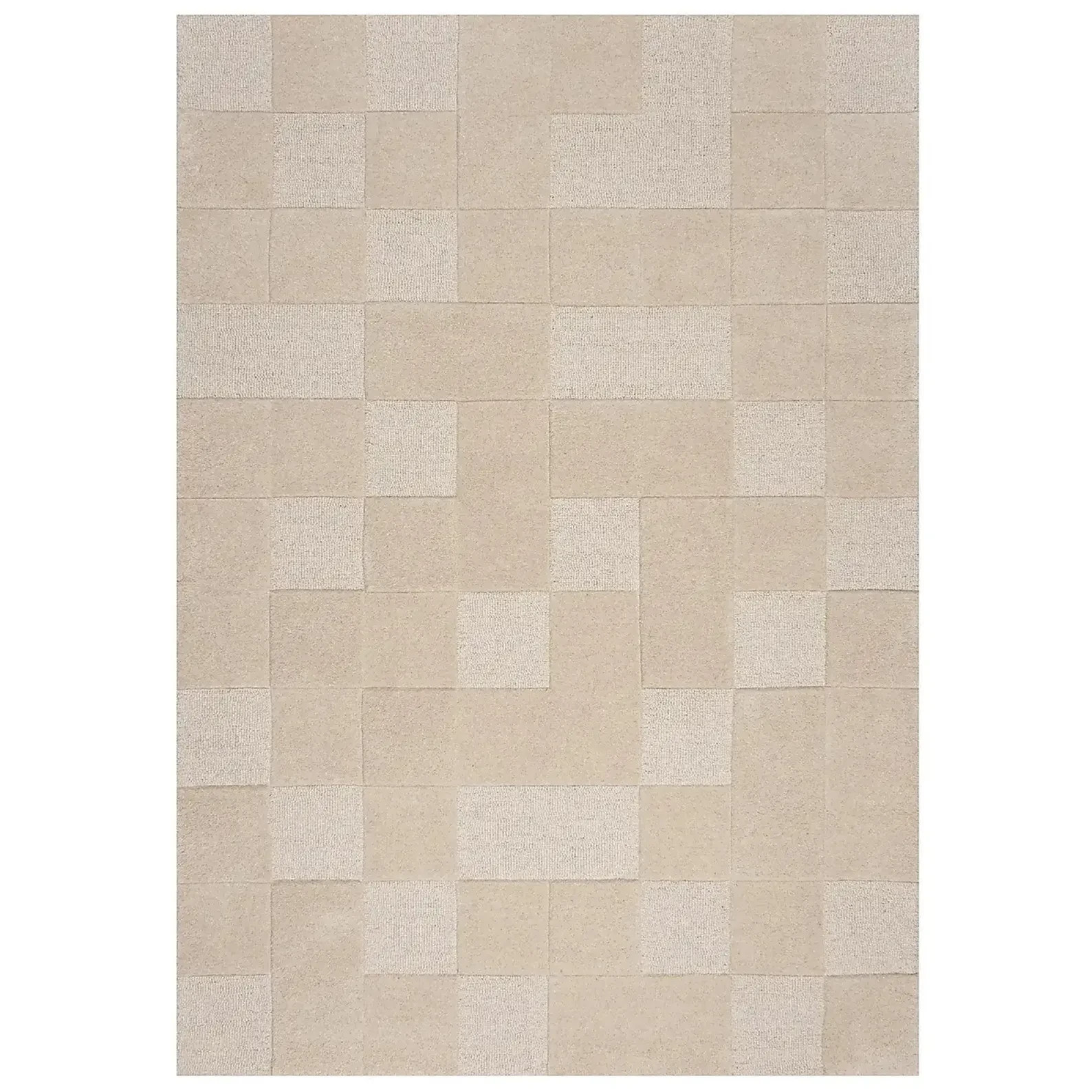 Hand-Tufted Wool Rug: Minimalist Ivory, Beige Checkerboard Area Rug Carpet.