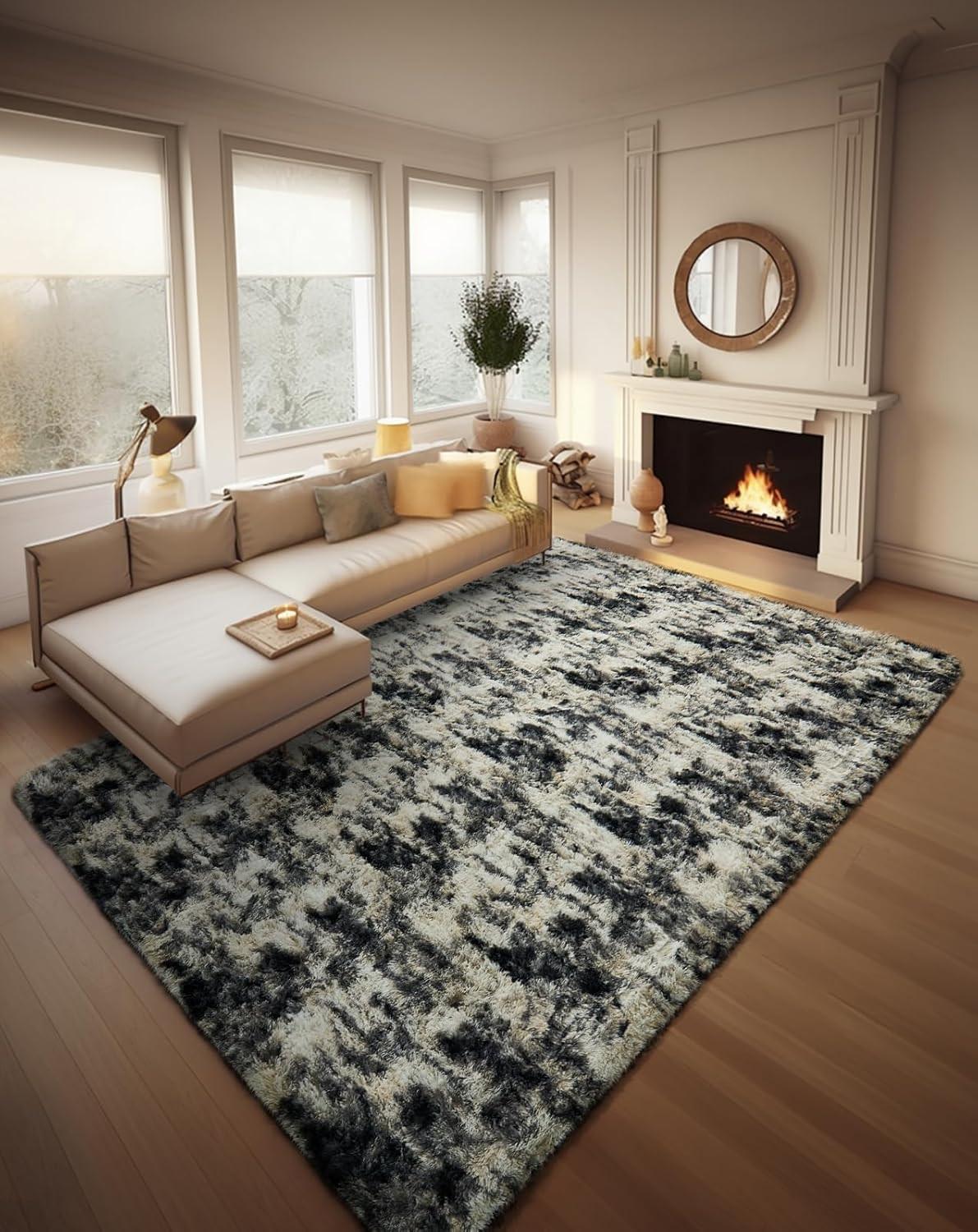Black Gold and Grey Area Rugs for Living Room 8X10, Fluffy Shag Large Fuzzy Plus