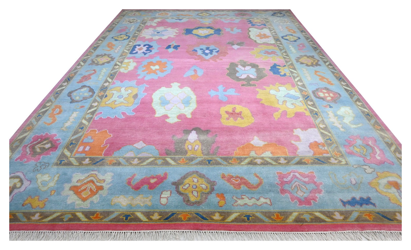 Hand Knotted Oushak Wool Area Rug Pink Aqua Multi Color Abstract Motif Design