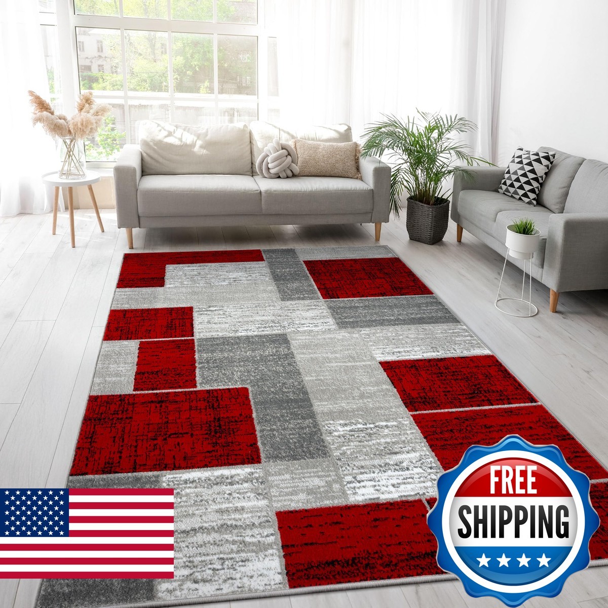 L’Baiet Verena Geometric Area Rug Red Grey 8′ x 10′ Large Area Rugs Carpet