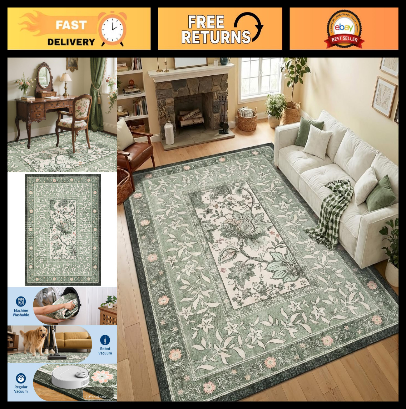Provence 5×7 Area Rug – Botanical Grove Sage Green Vintage Cottagecore Non-Slip