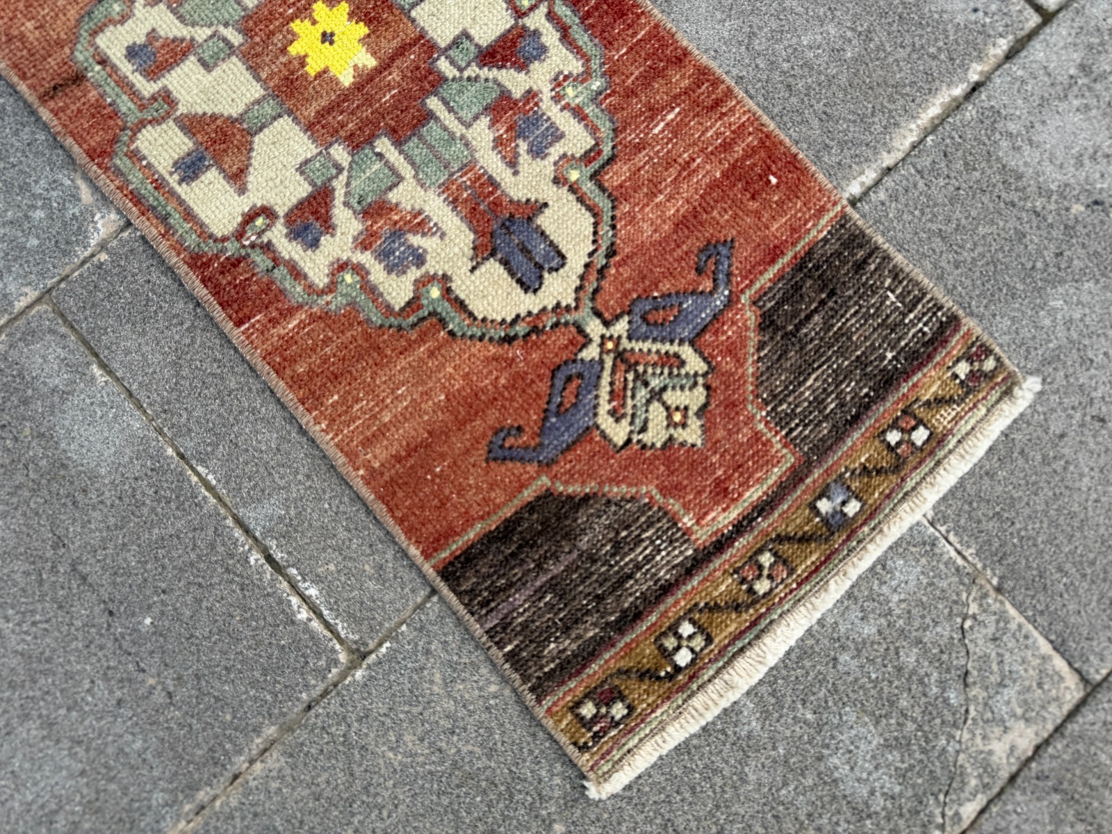 Small Vintage Turkish Rug 1.1×3.3 ft Terracotta Yellow Long Kitchen Entry Mat