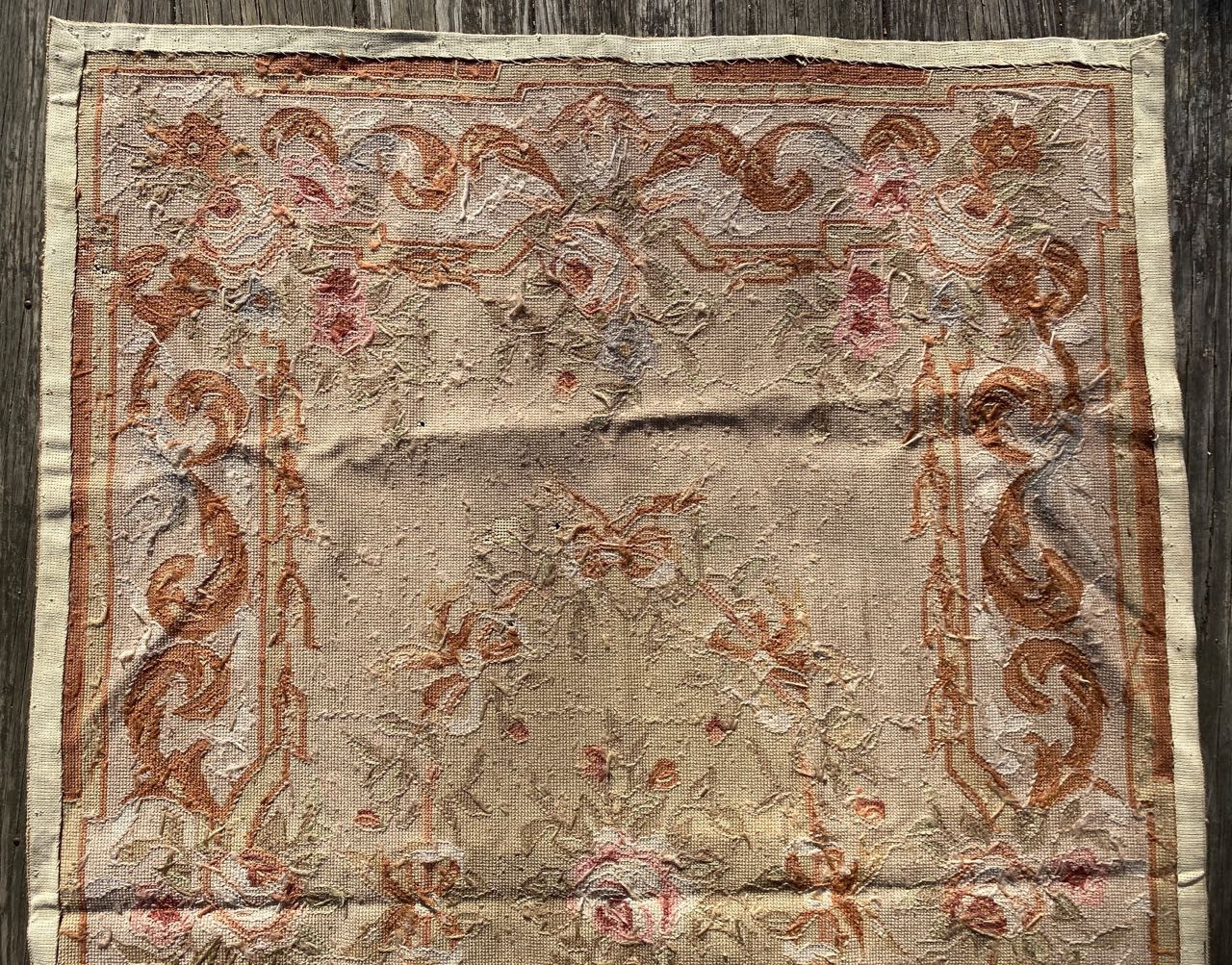 Vintage French Floral Aubusson Area Rug. Hand Knotted Flat Weave Needlepoint