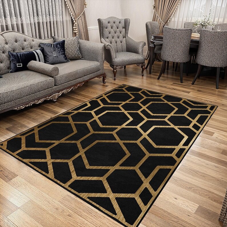 Luxury Black and Gold Area Rug with Geometric Pattern, Elegant Non-Slip Carpet f