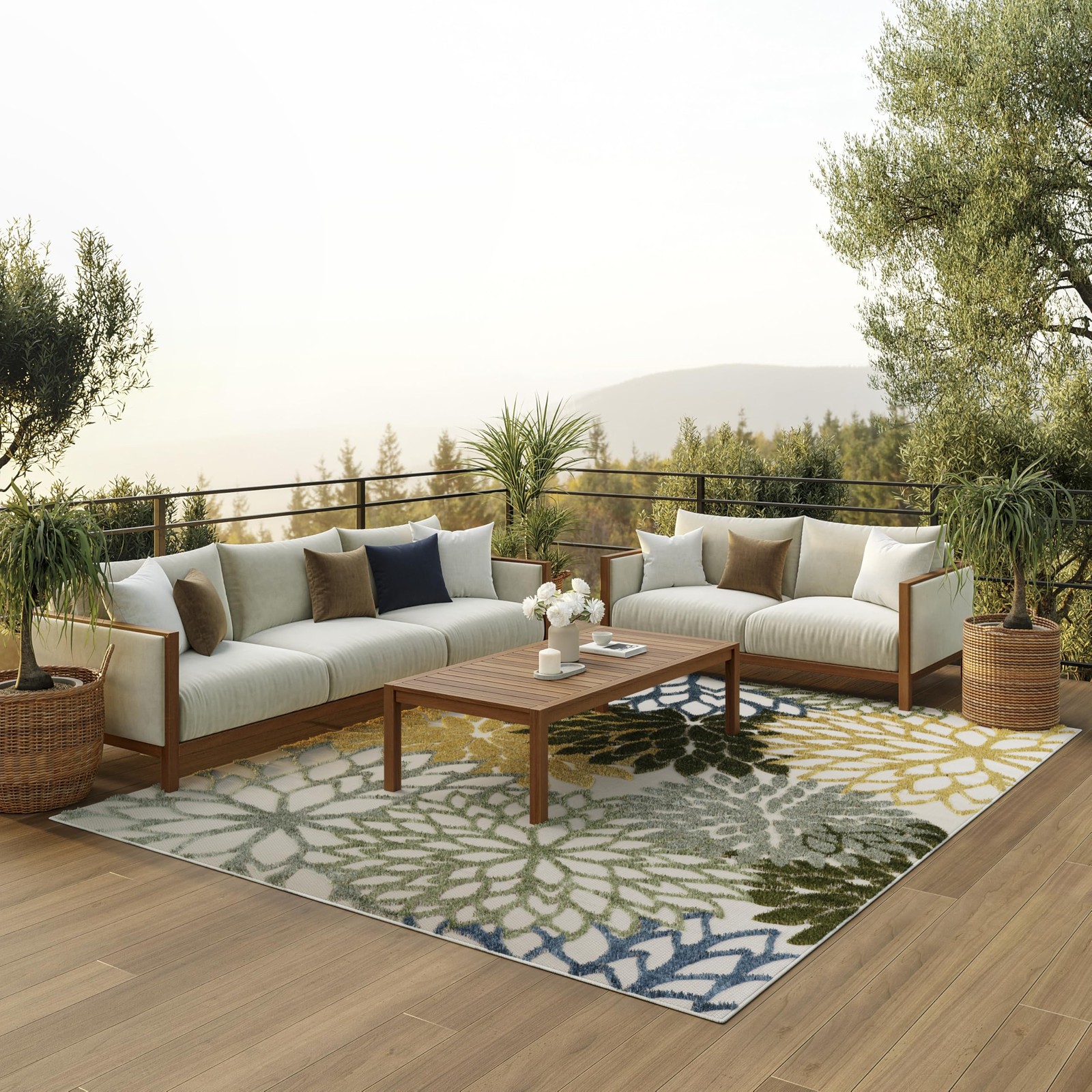 Green Floral Outdoor Rug 6 X 9 Soft Durable Easy Clean High Low Pile Design