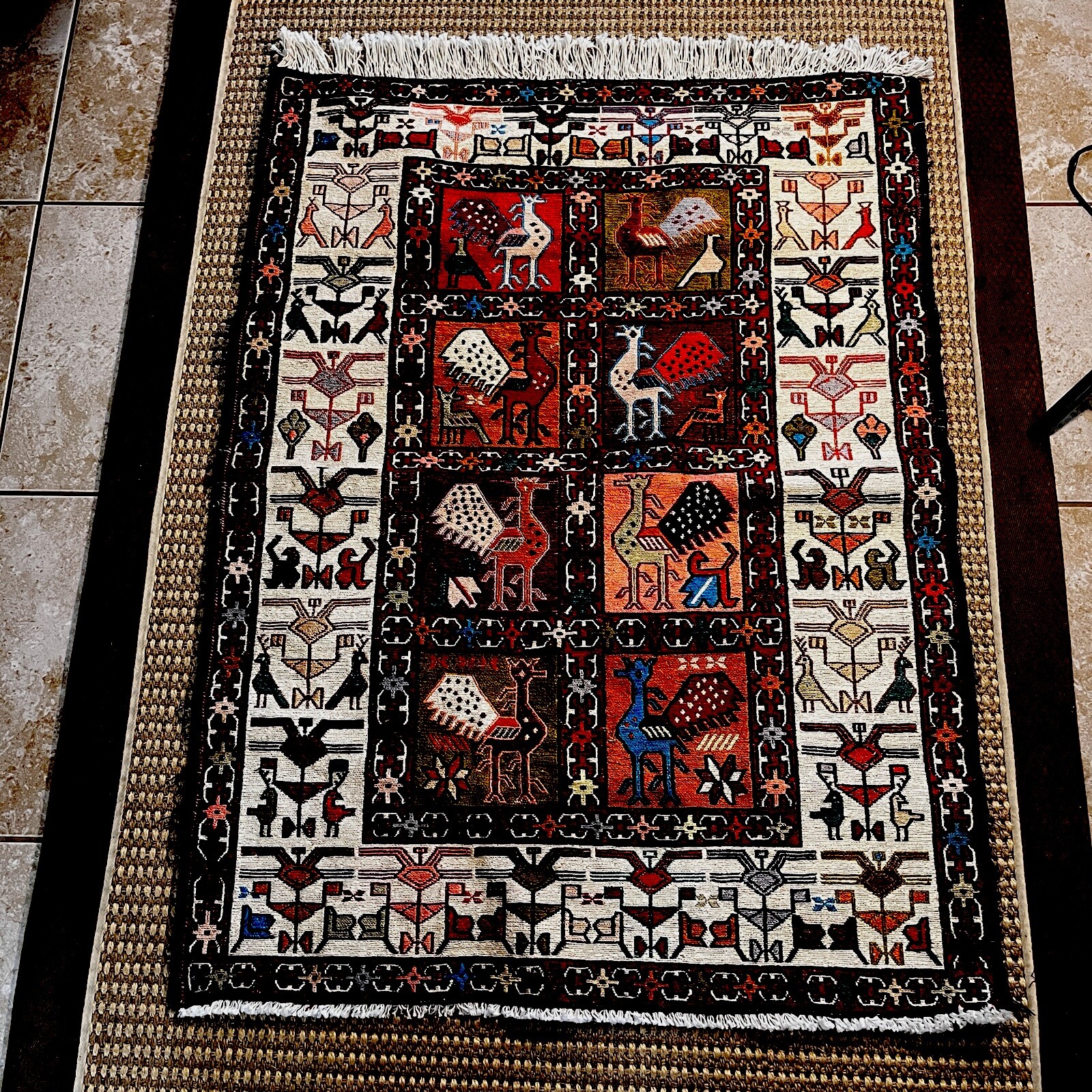Silk Kilim-Sumak Geometric Area Rug Hand-Woven Tribal Carpet 38”x 27.5”