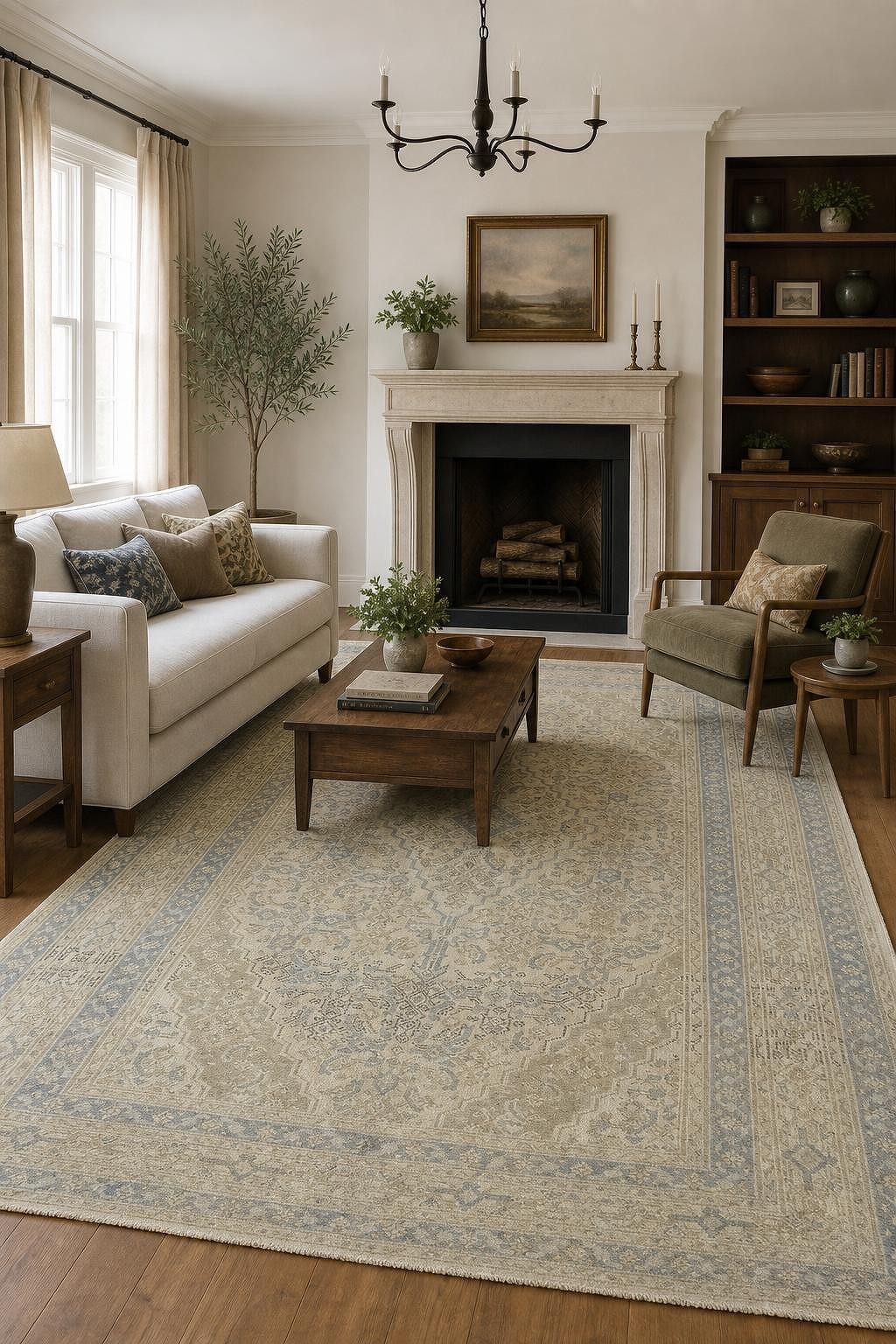 Hand-Knotted Wool Area Rug 7×10 Traditional Medallion Distressed Beige & Blues