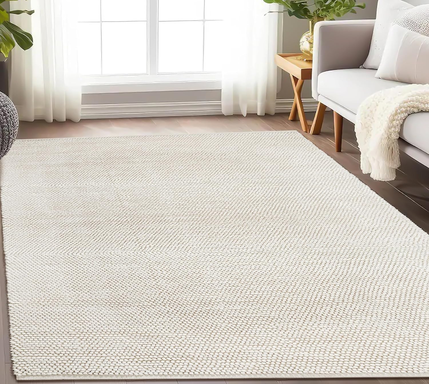 Handwoven Wool Cotton Blend Area Rug 8X10′, Textured Popcorn Braided Ivory Rug,