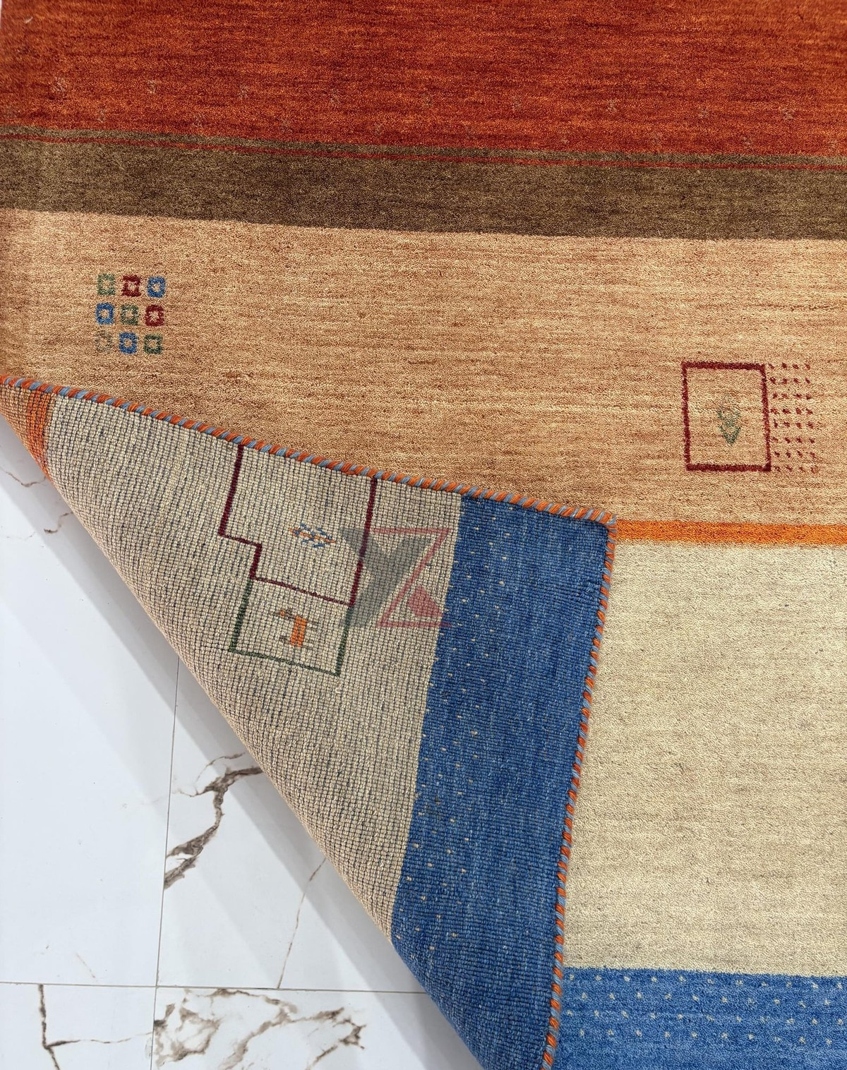 Gabbeh Area Rug – Abstract Color-Block Design – Terracotta, Sage & Indigo Rug
