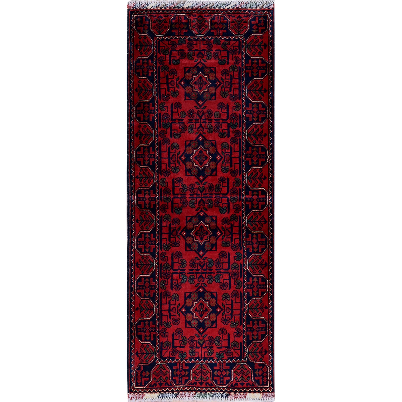1’10″x4’10” Red Afghan Khamyab Geometric Hand Knotted Soft Wool Runner Rug R749