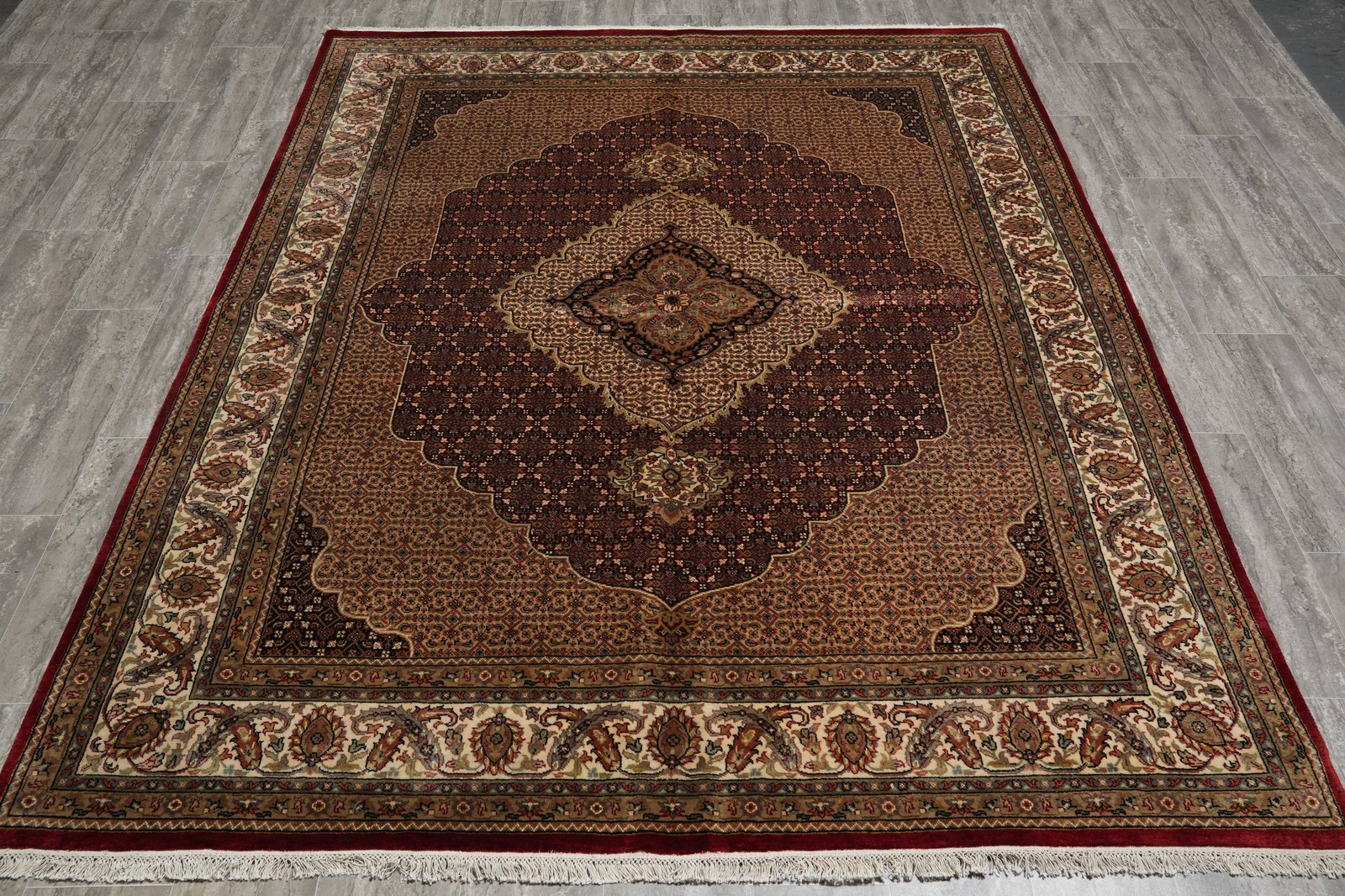 6.6 x 8.3 Wool and Silk Hand-Knotted Tabriiz Mahii Herrati Area Rug #F-3070