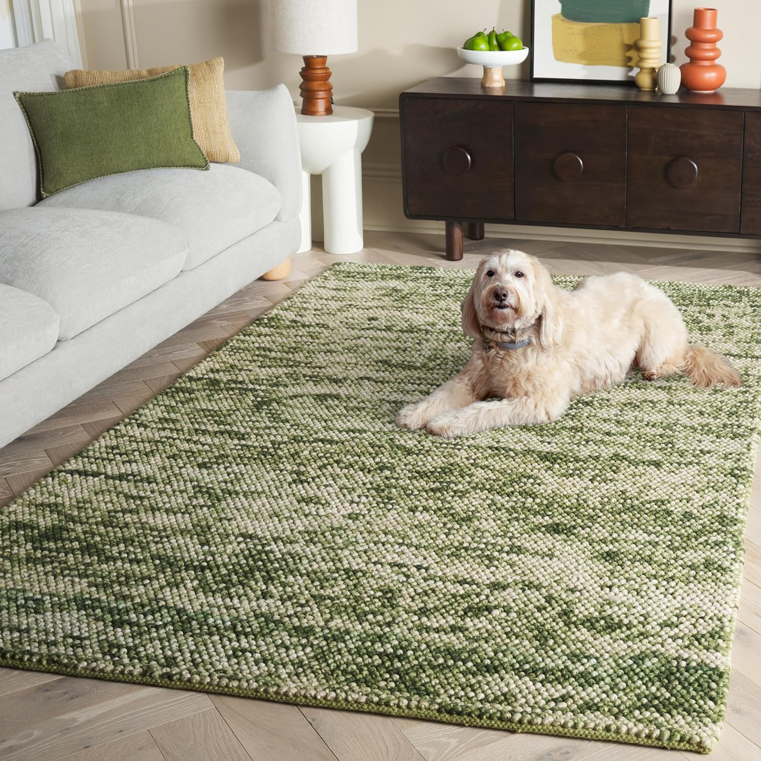 Handmade 5×8 Area Rug – Natura Collection, Green & Ivory Wool Blend