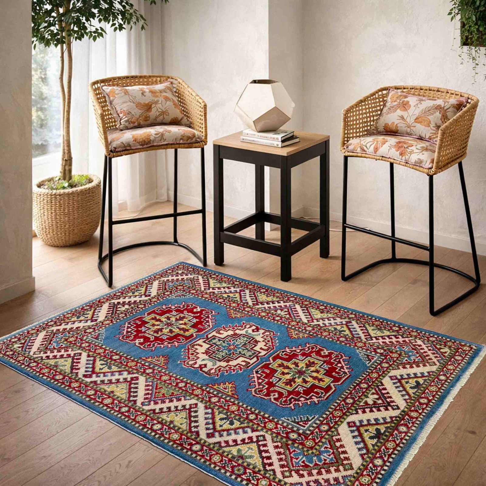 Blue Hand Knotted Tribal Kazak Oriental Rug, 2.8×4.1 Ft Medallion Carpet, R37493