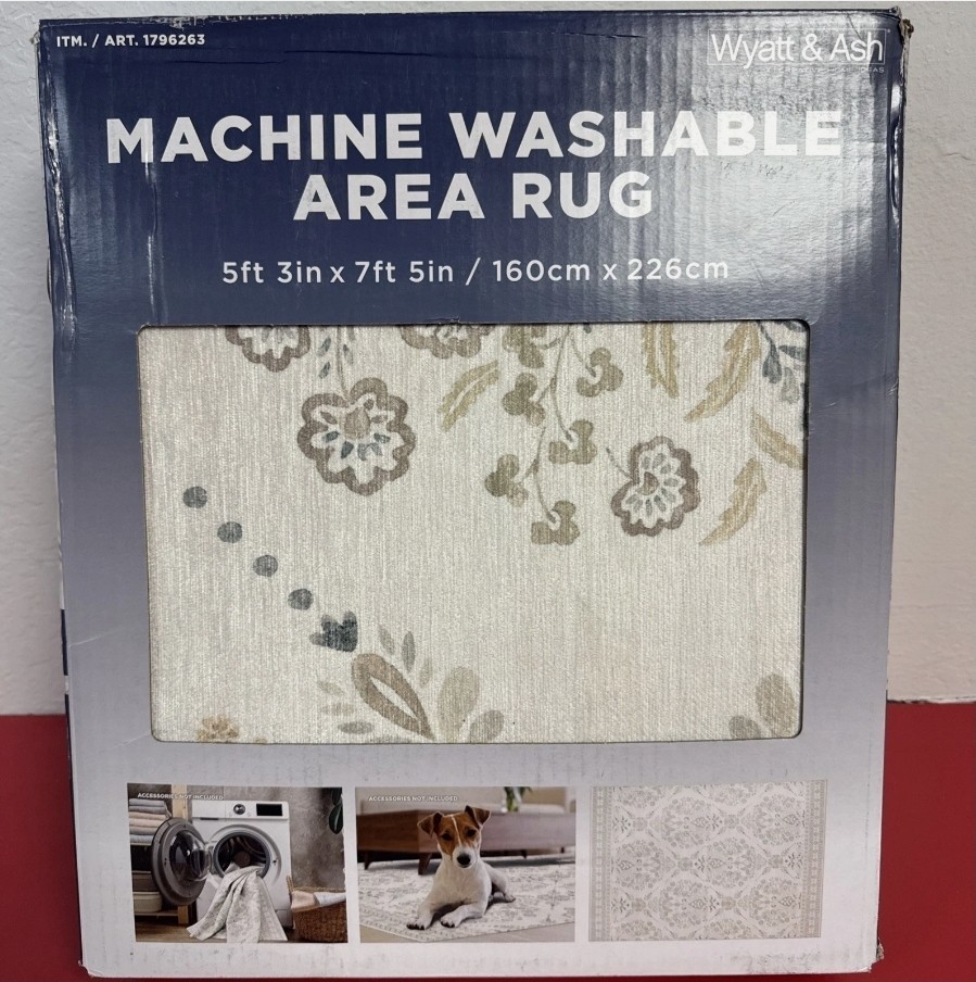 Wyatt & Ash Washable Area Rug Zinnia Beige Pattern 5’3″ X 7’5″