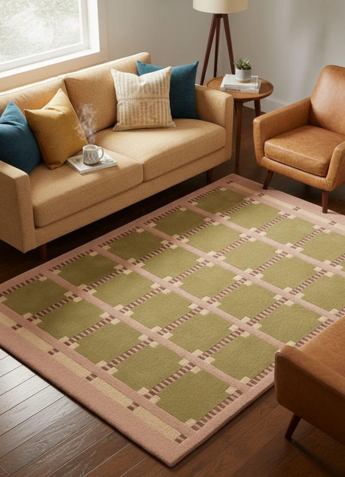 Sage Green & Blush Pink Grid Rug Modern Geometric Wool Area| Hand-Tufted Carpet