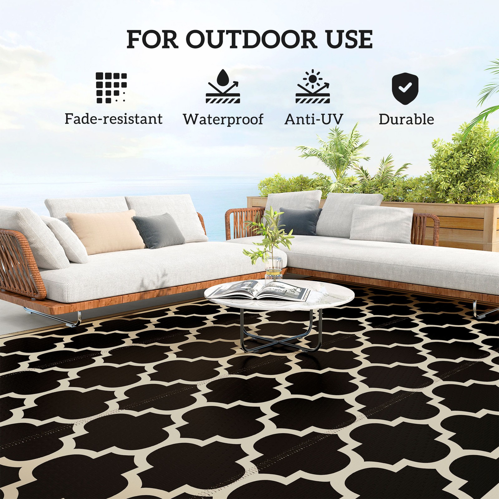 9′ x 12′ Reversible Outdoor Rug, Plastic Straw Mat for RV, Camper, Picnic, Black