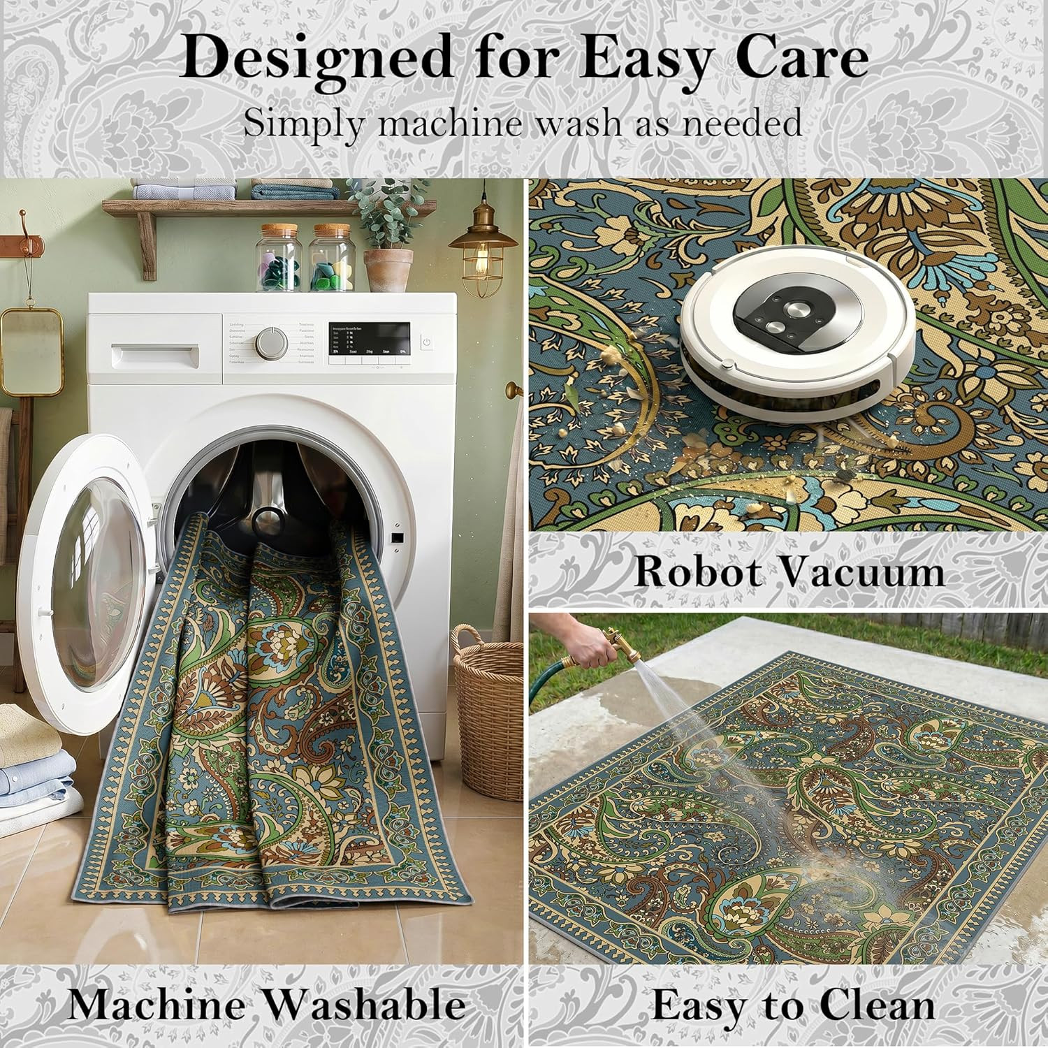 Paisley Outdoor Rug Waterproof 8X10, UV Resistant Non Slip Patio Rug, Indoor Out