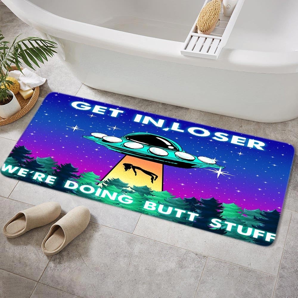 Funny UFO Bath Mat for Bathroom, Unique Fun Alien Blue Purple Space Starry Sk…