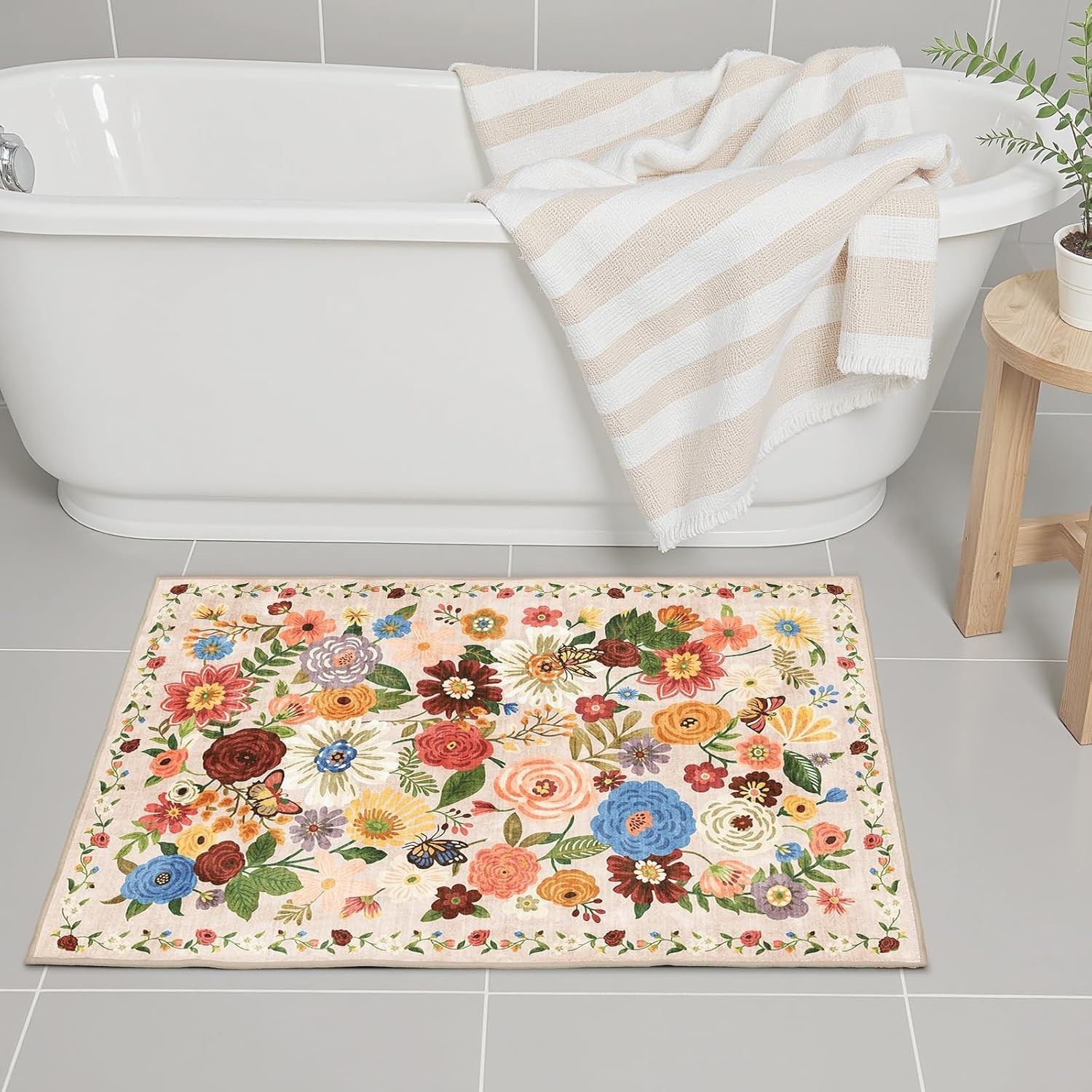 Entry Rug Small Washable Boho Floral Anti-Slip Low Pile Faux Wool Door Mat 24×17