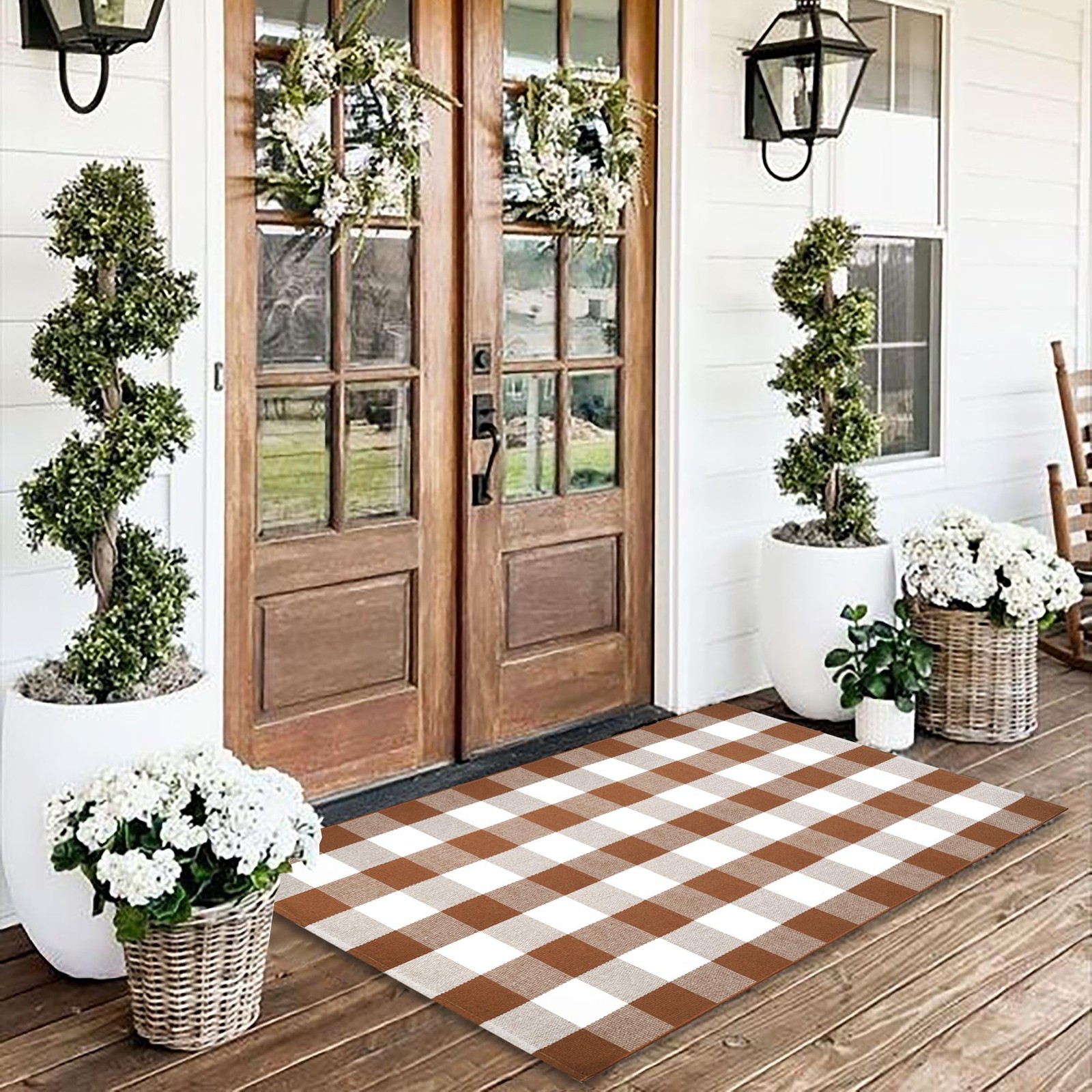 Buffalo Plaid Outdoor Rugs, 28” x 43” Coffe and White Checkered Area Rug, L…