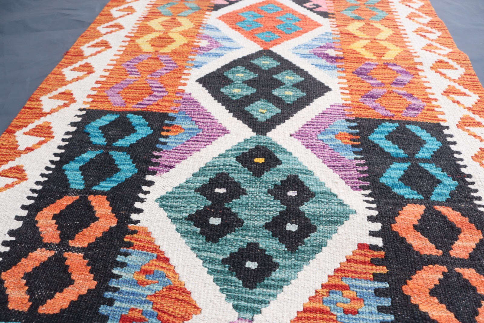 Afghan Handwoven Runner Rug 2’8×9’5 ft, Rich Purple Turquoise Kilim Hallway Rug
