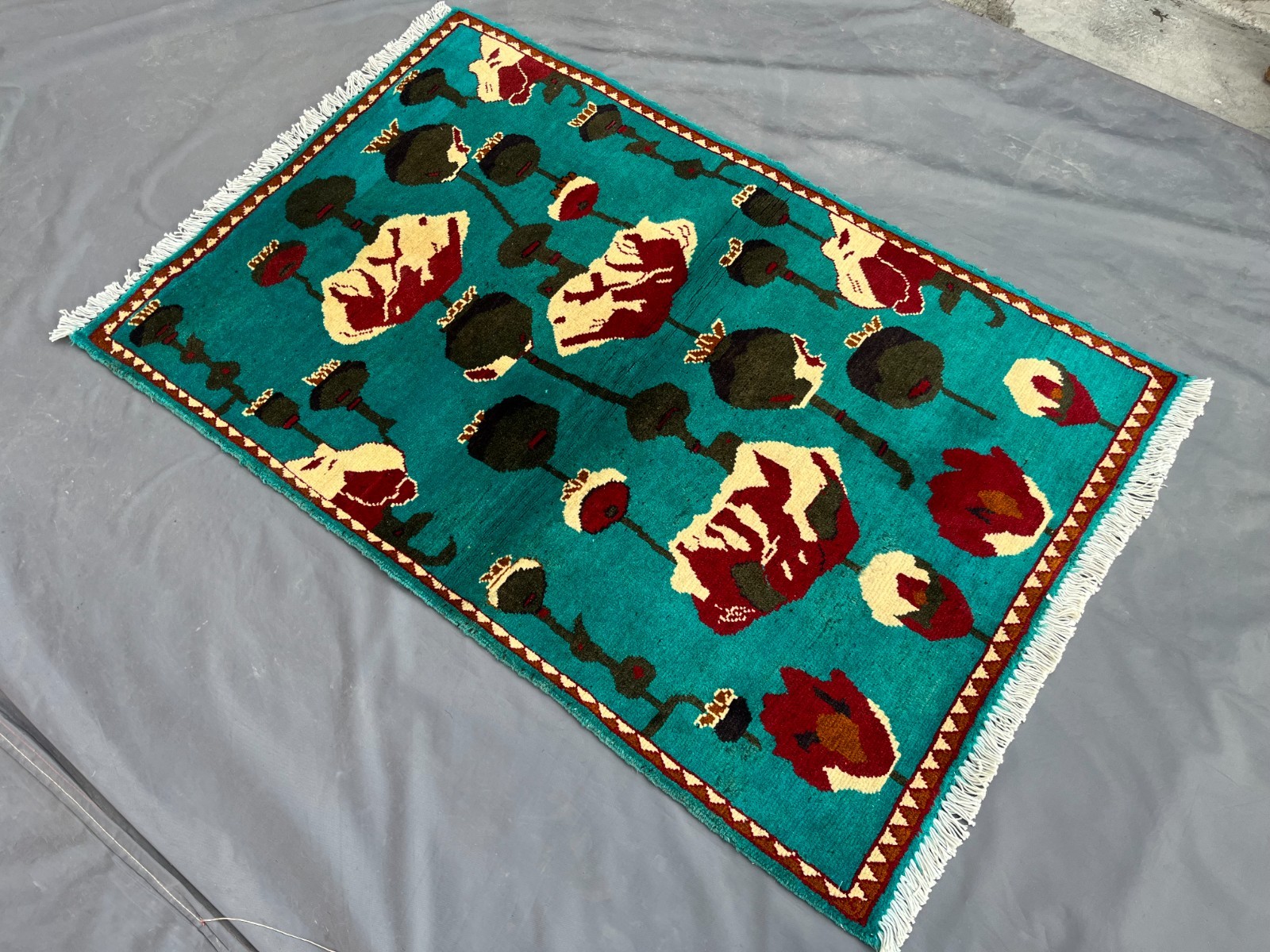 2’8 x 4 Ft Rare Afghan Opium Rug – Turquoise Field Tribal Pictorial Wool Carpet