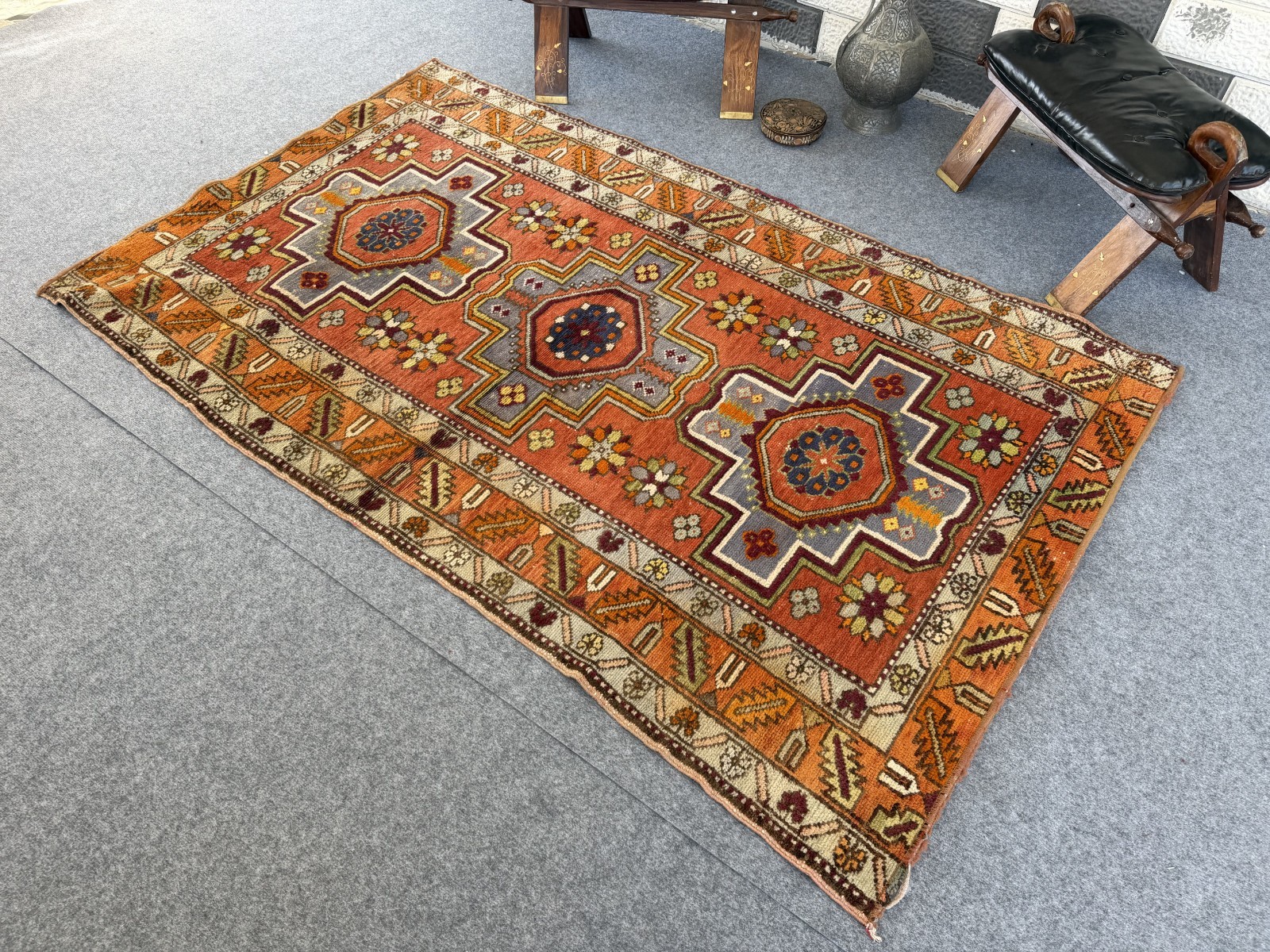 Vintage Caucasian Rug 4×7 Handmade Wool Rug Geometric Tribal Medallion Kazak Rug