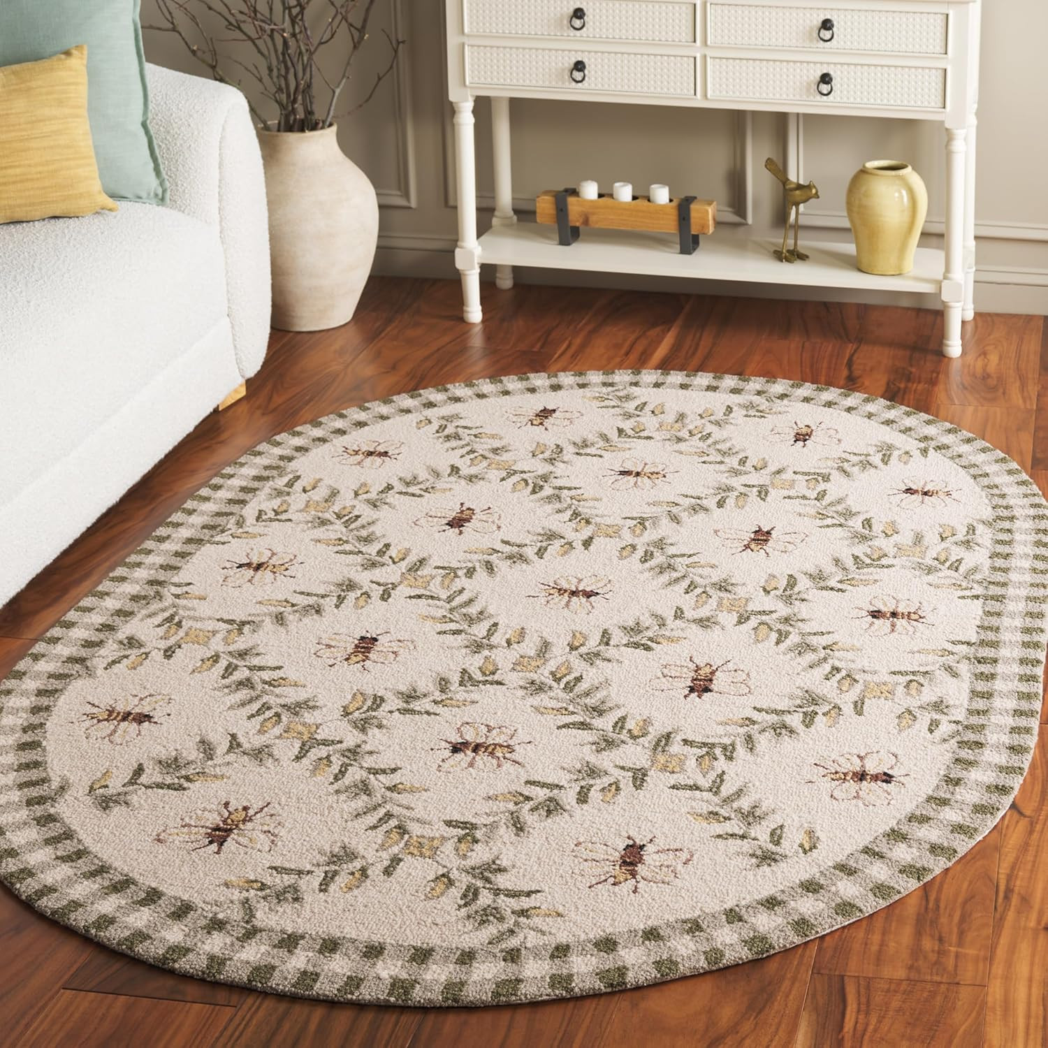 SAFAVIEH Chelsea Collection Area Rug – 7’6″ X 9’6″ Oval, Ivory & Green, Hand-Hoo