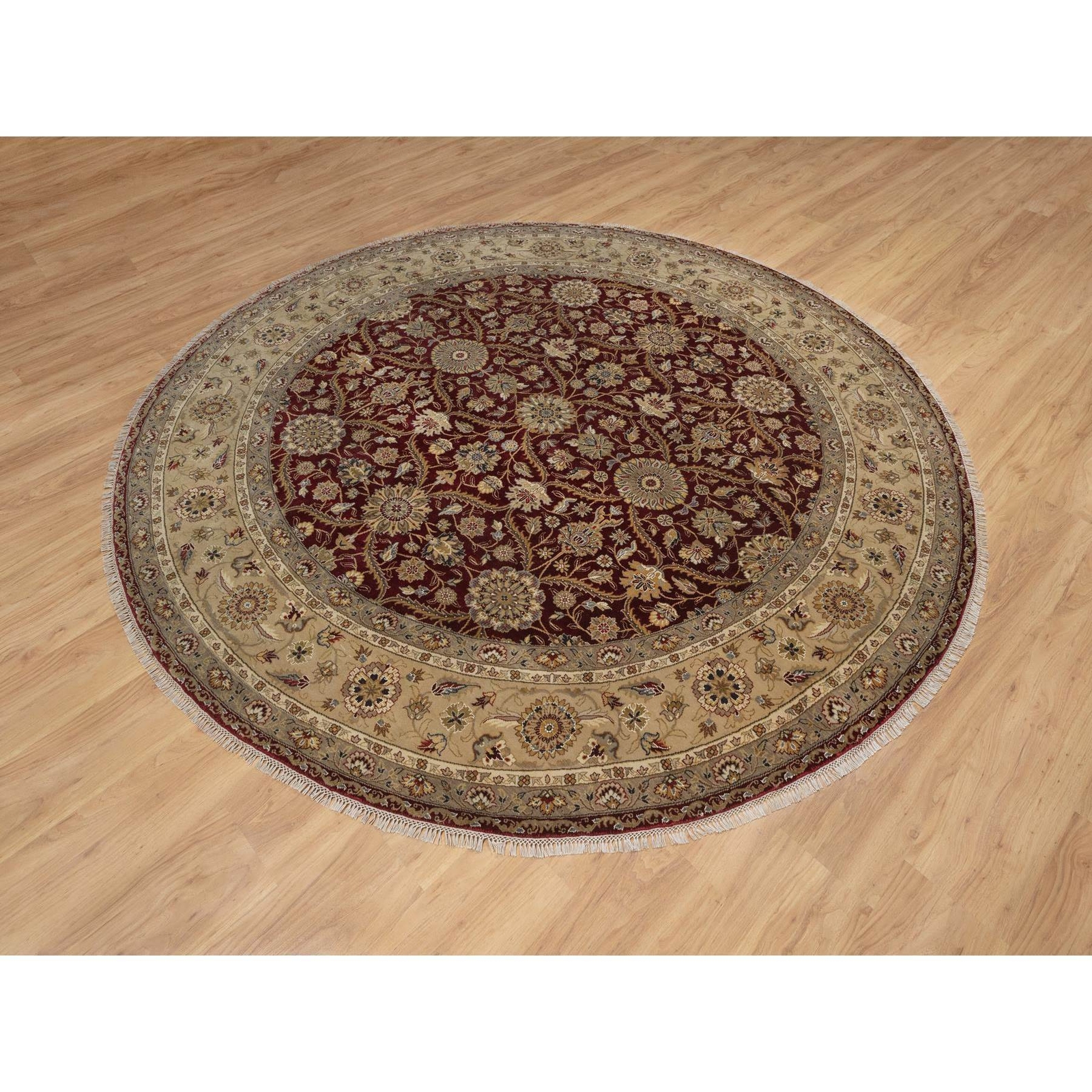 8’1″x8’1″ Wine Red Hereke Design Wool and Silk Hand Knotted Round Rug R91438