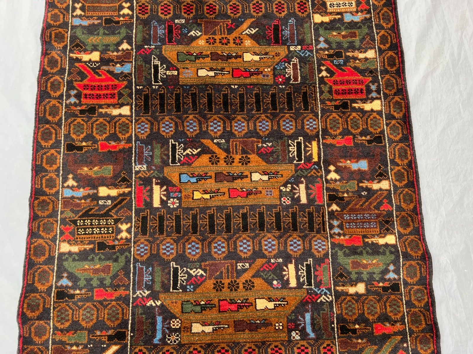 3’9 x 6’6 Ft Detailed Afghan Baluchi War Rug – Pictorial Weapons Motif Tribal
