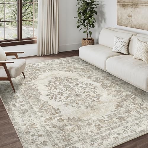 5×7 Area Rug Beige Washable Vintage 5′ x 7′ (Rectangular) Floral Beige