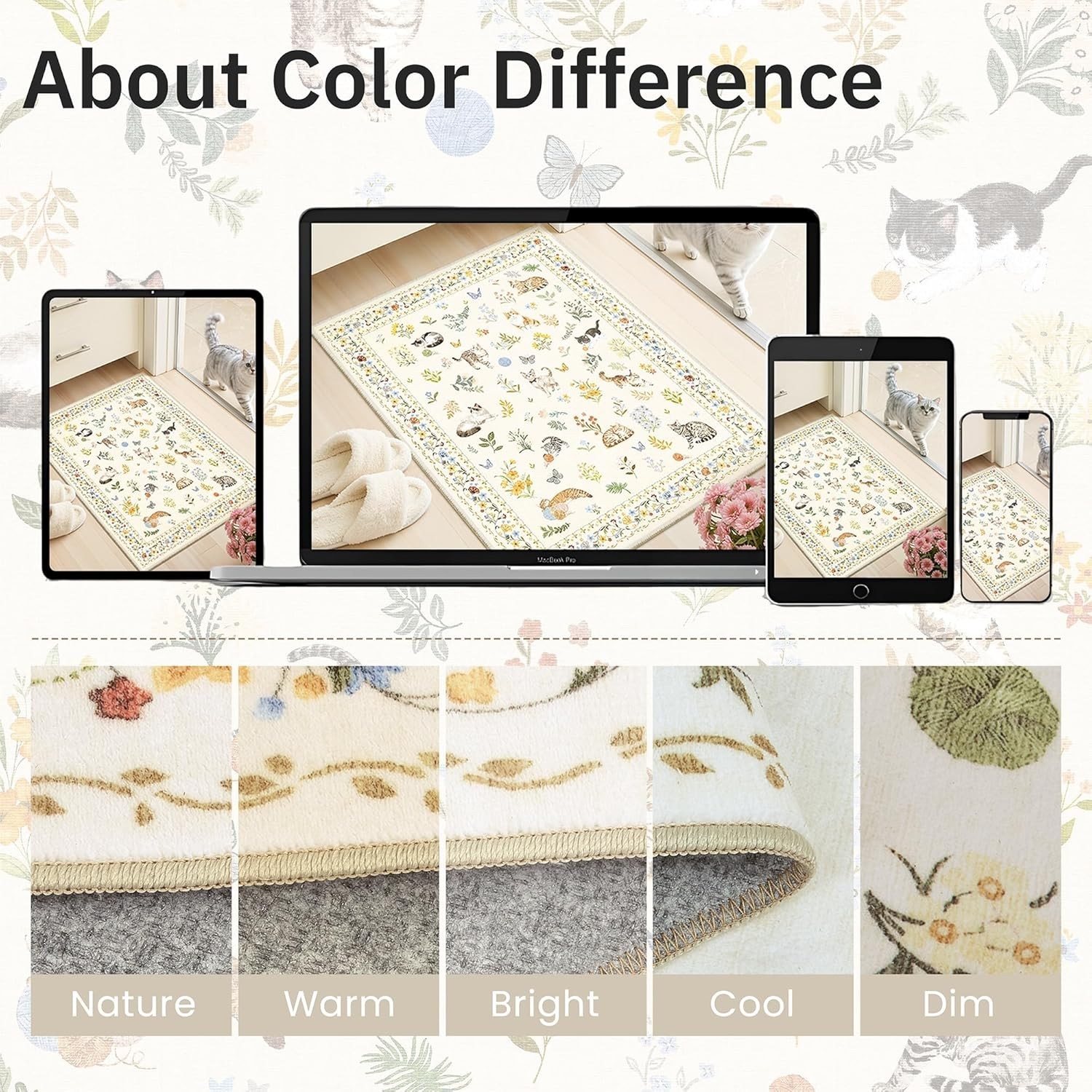 5×7 Soft Throw Rug with Cat and Floral Patterns – Eco-Certified Design