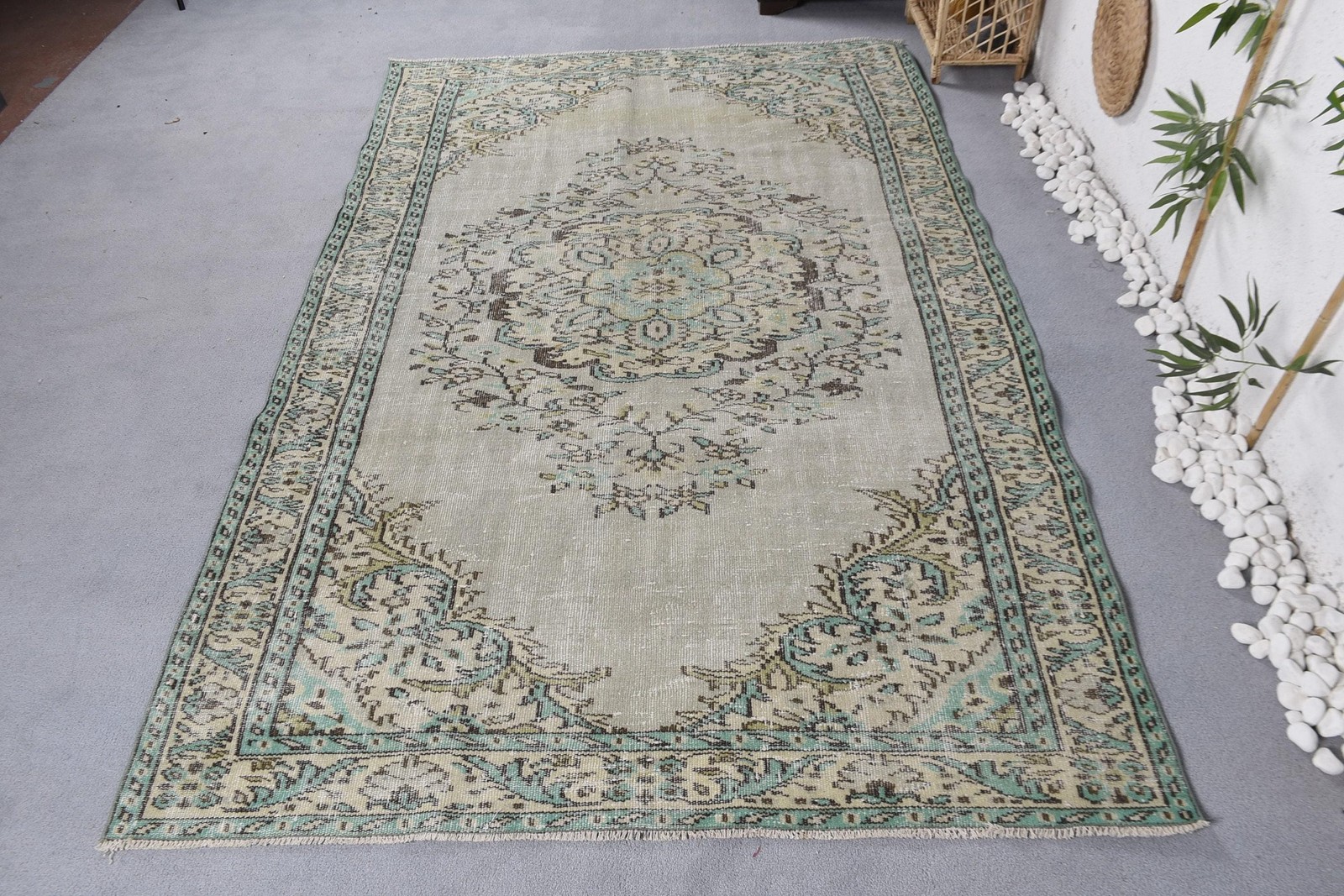 5,4×8,6 ft Rug, Turkish Vintage Large Rug, Beige Wool Rug