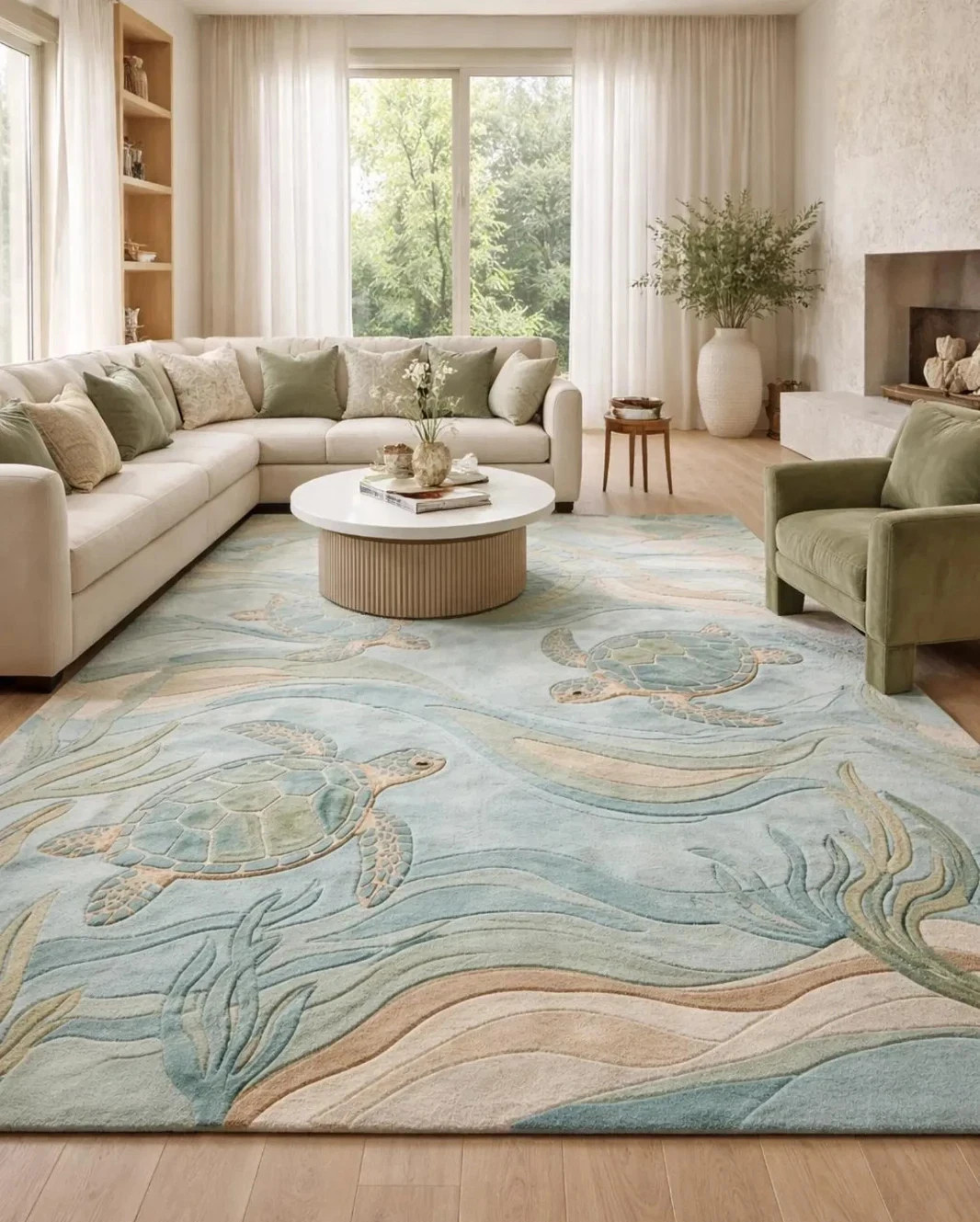 Coastal Sea Turtle Area Rug Hand Tufted Wool 3D Sculpted Ocean Wave Carpet.