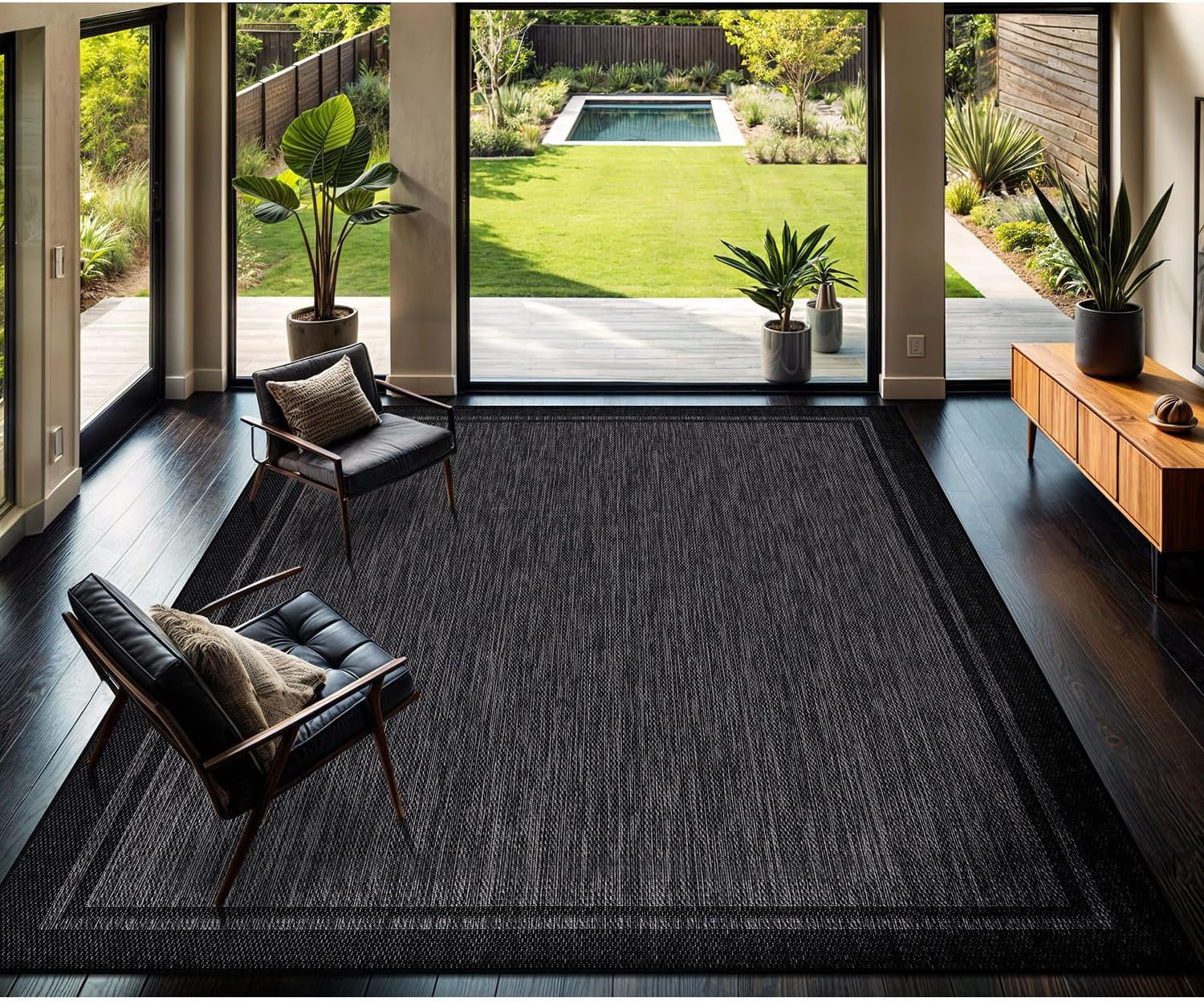 Modern 9×12 Indoor Outdoor Rug – Dark Grey Black Bordered Area Carpet
