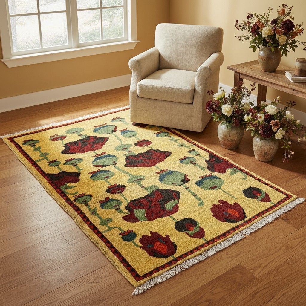 2’8 x 4 Ft Bright Afghan Opium Rug – Yellow Field Handmade Pure Wool Carpet